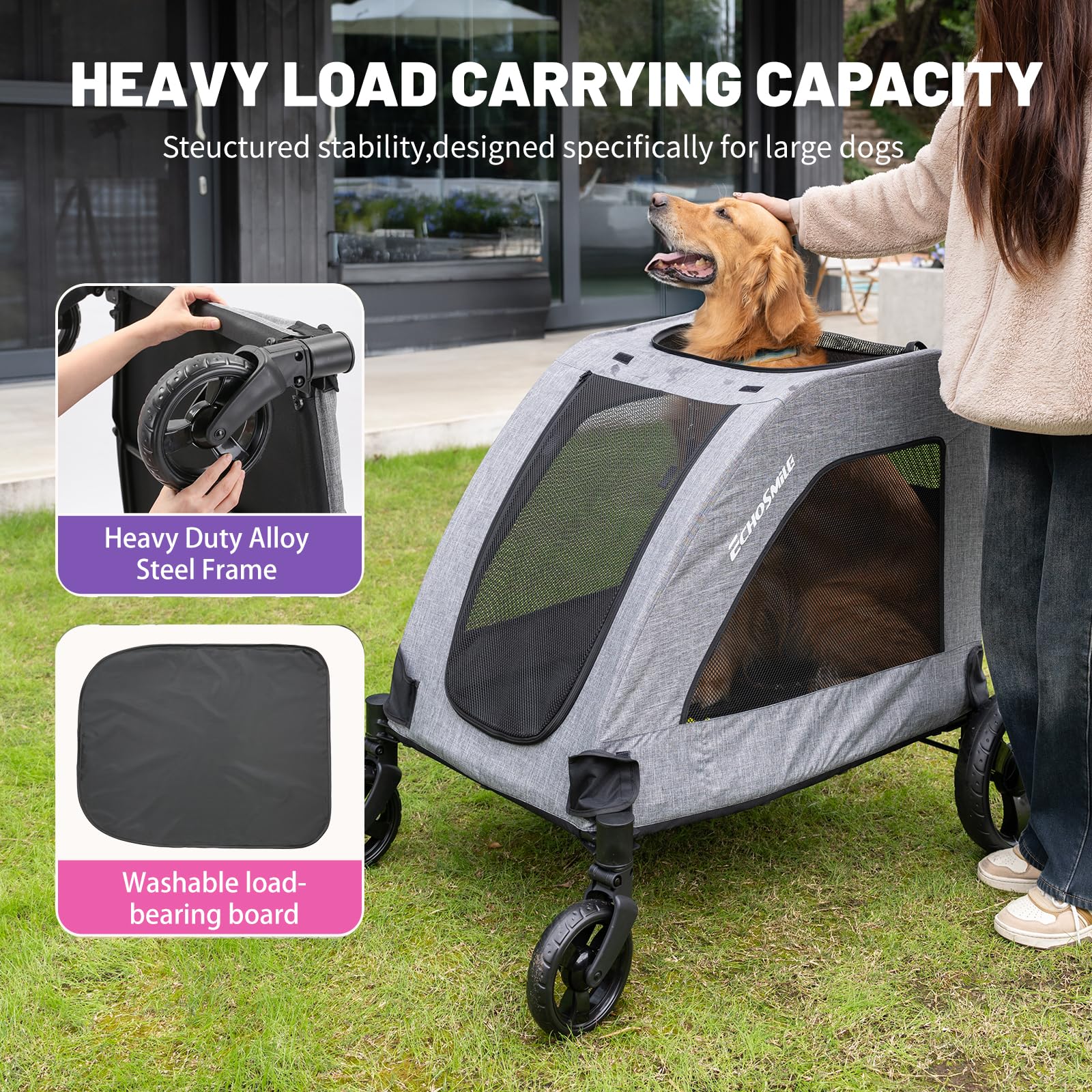 Echosmile Xl Extra Large Dog Stroller - Adjustable Handles,Lightweight Folding Pet Stroller,All-Terrain 4 Wheel For 2 Medium Dog