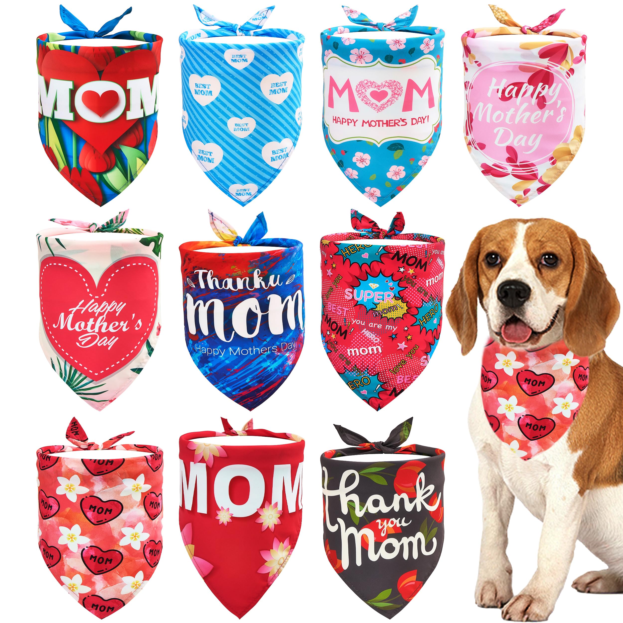 JpGdn 10PCS Mothers Day Dog Bandanas Best Mom    Super Mom     I Love Mom     Happy Mothers Day    Pink Blue Yellow Tie Dye Flor
