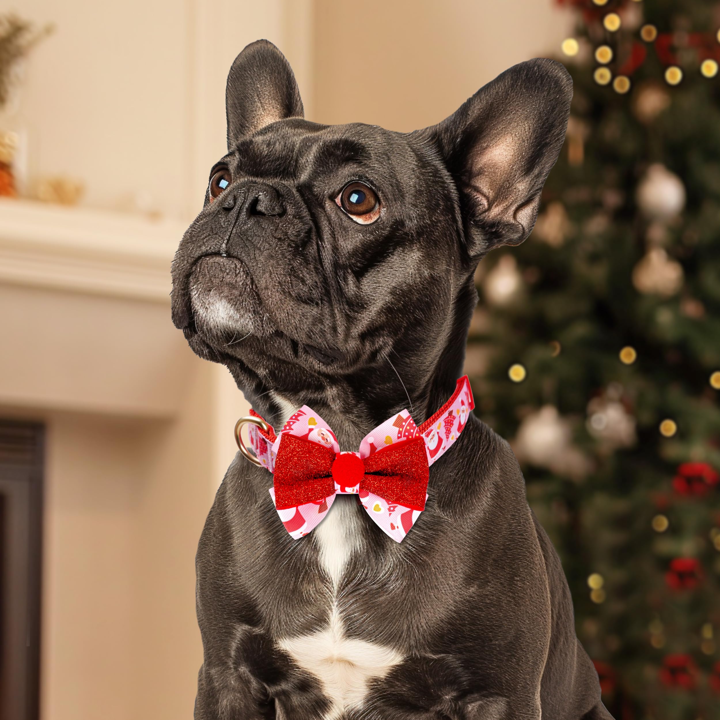 Azuza Christmas Dog Collar Santa Print With Removable Red And Pink Bowtie, Adjustable Collar Accessory For Large Dogs