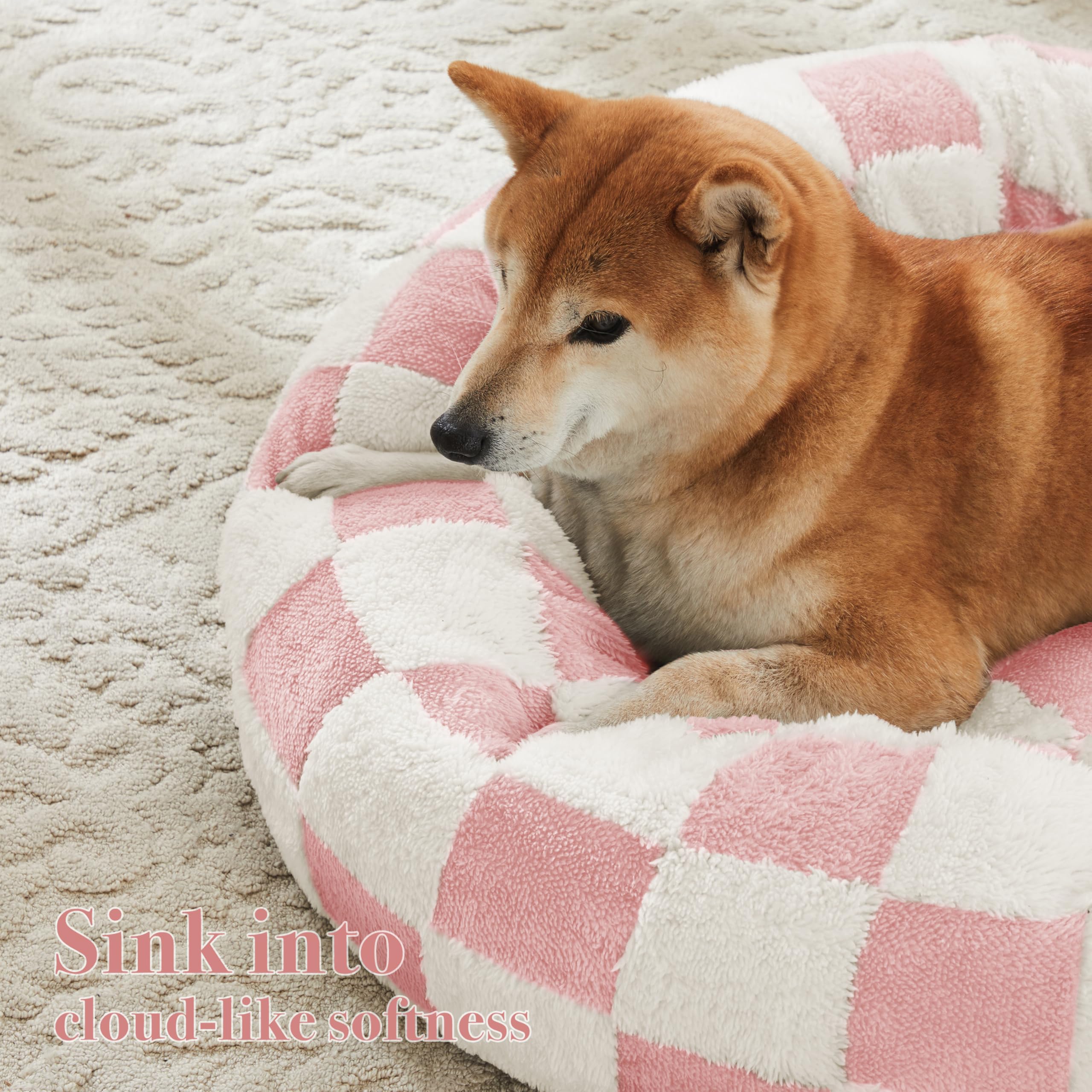 Ohocut Checkered Dog Bed, Cute Girly Pink Retro Style Aesthetic Round Warming Pet Calming Beds For Small Dog And Cats, Plush Coz