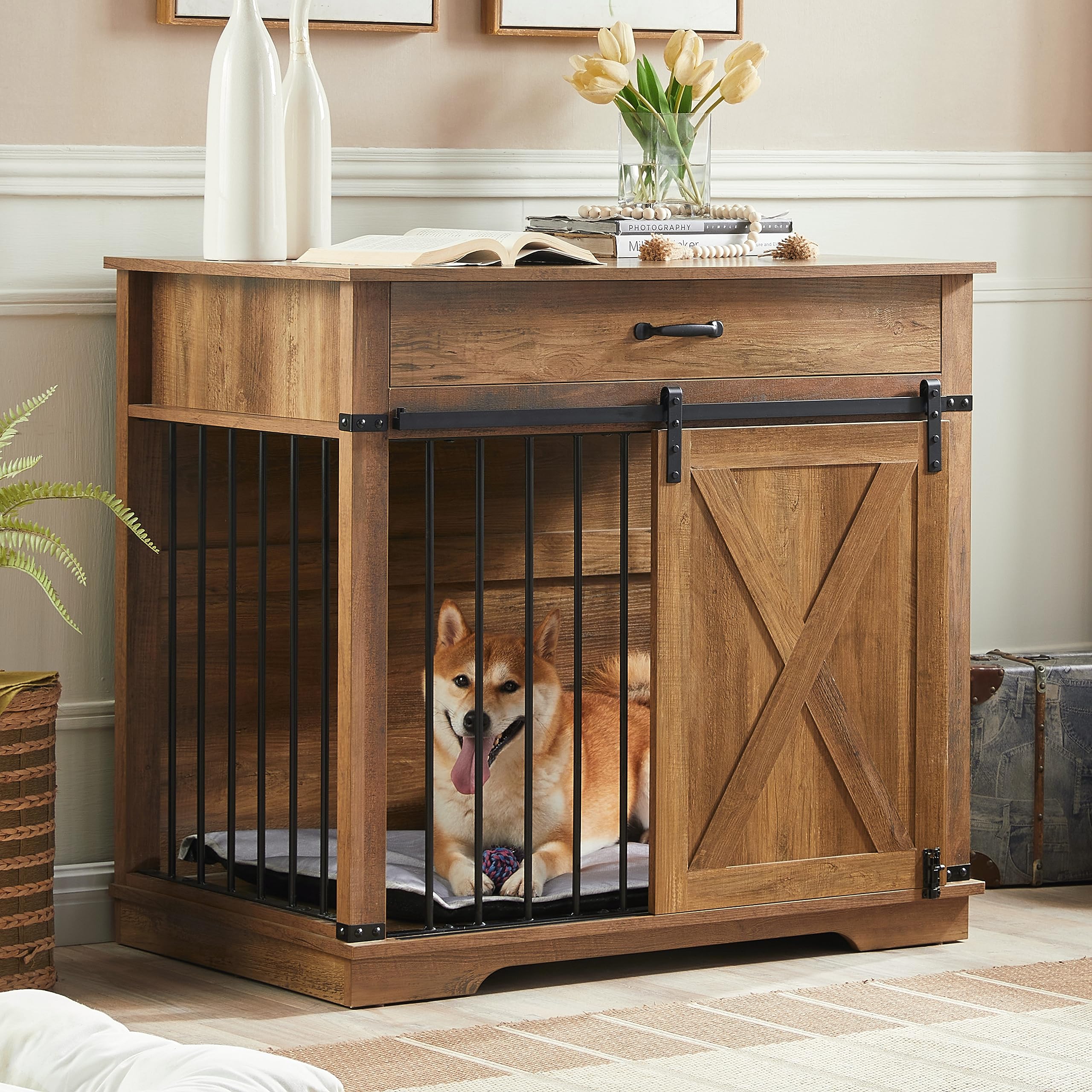 EDYO LIVING 38 Large Dog Crate Furniture with Sliding Barn Door, Wooden Dog Kennel with Drawer for Storage, Water Resistant Indo