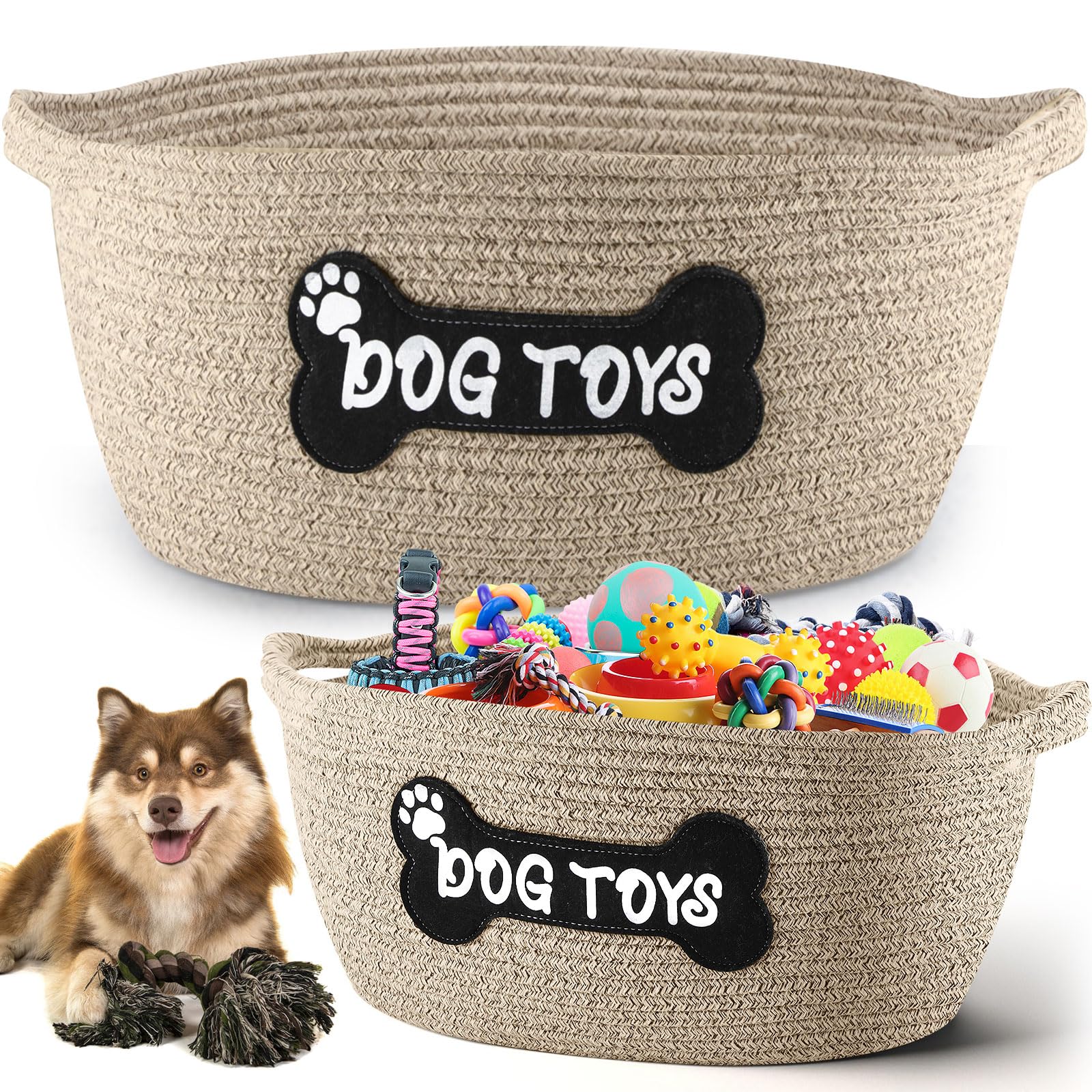 Teenyyou 2 Pcs Toy Basket Handwoven Cotton Rope Pet Toys Storage Cute Patch Design Chew Proof Toy Clothing Holder Organizer Box 