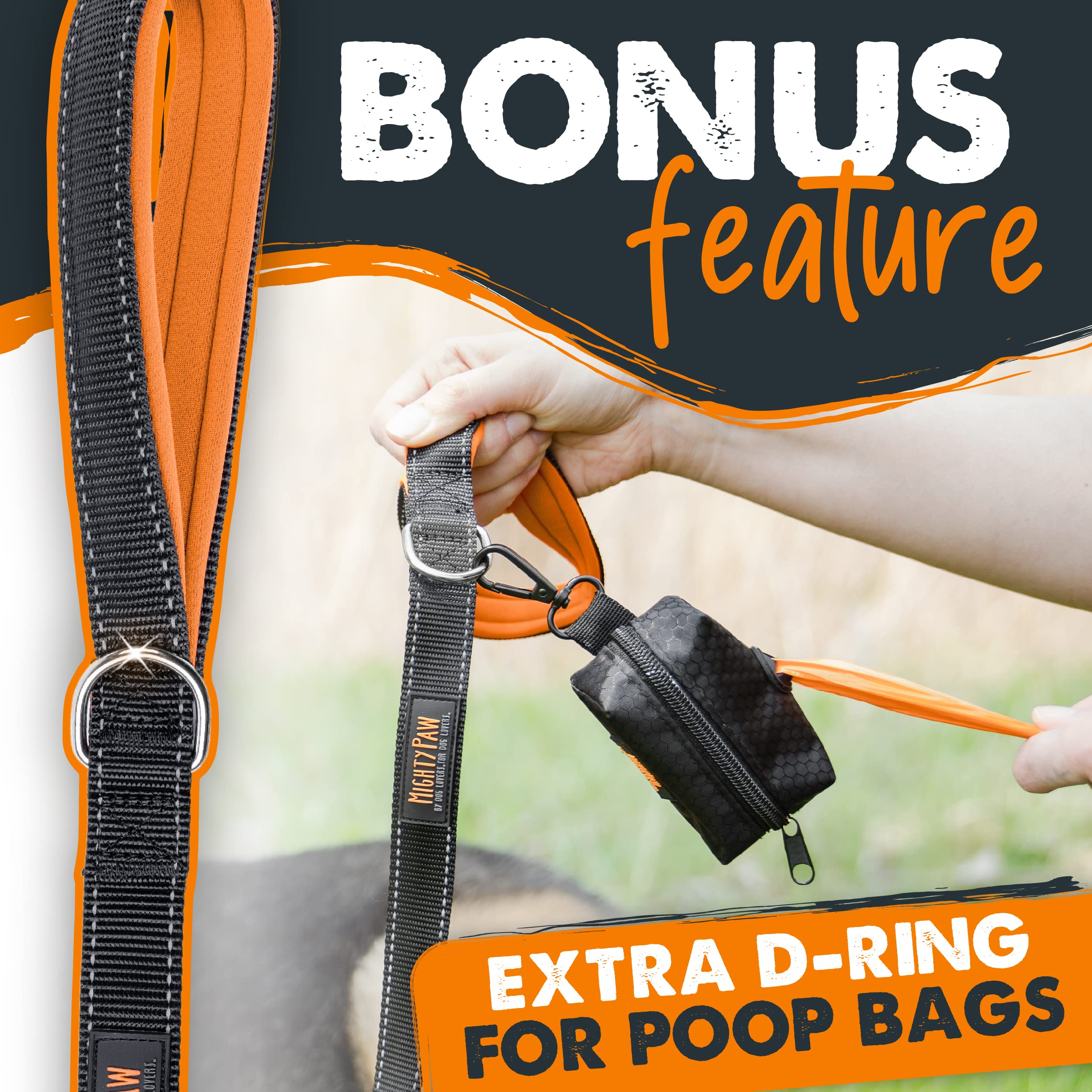 Mighty Paw Two Handle Dog Leash - Paw Leash Built-In Traffic Loop - Carabiner Clip - Double Padded Handles - Suitable For Small To Large Pets - 6' (Black)