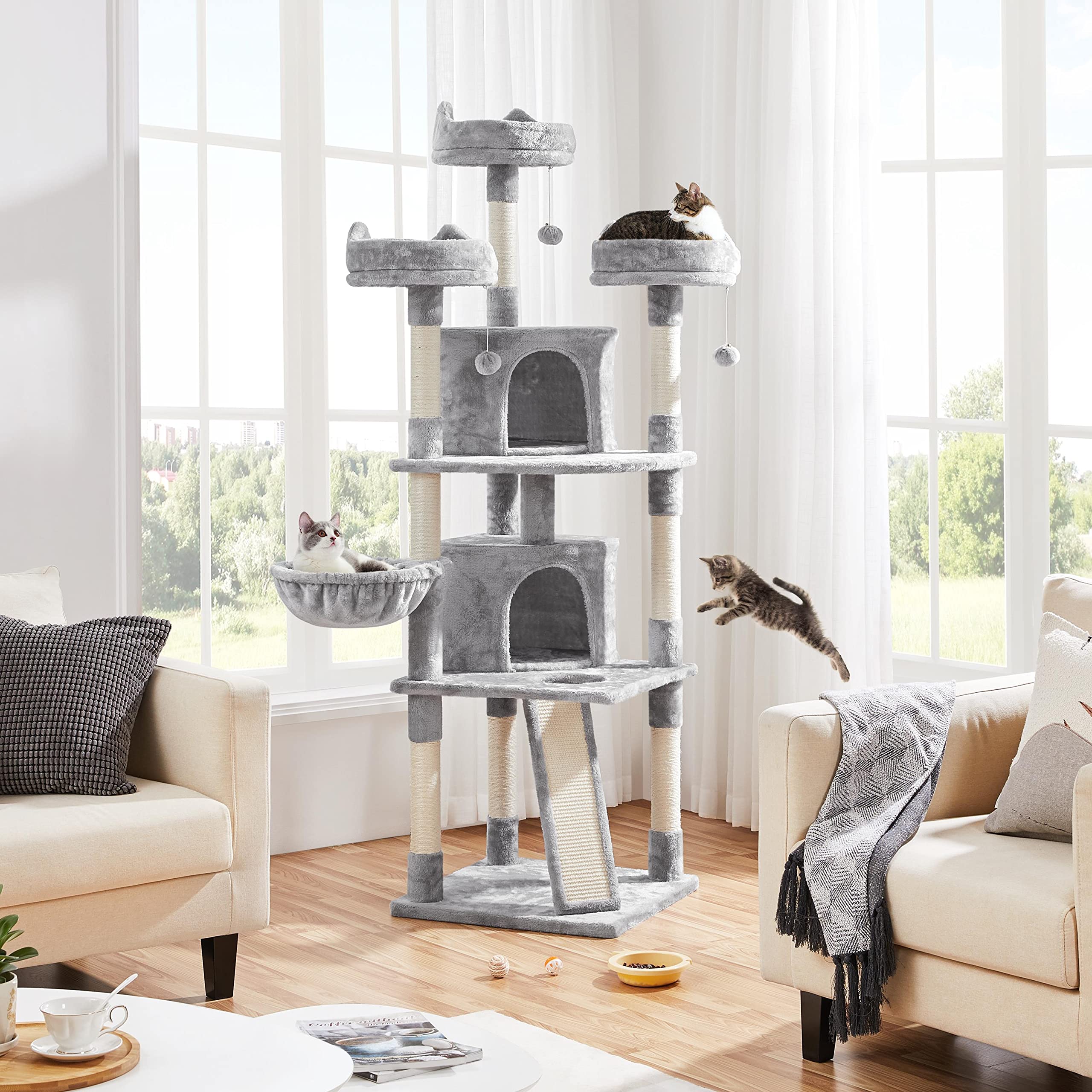 Yaheetech Large Cat Tree 76Inch, Multilevel Cat Tower With Perches Condos Scratching Posts For Indoor Cats, Light Gray