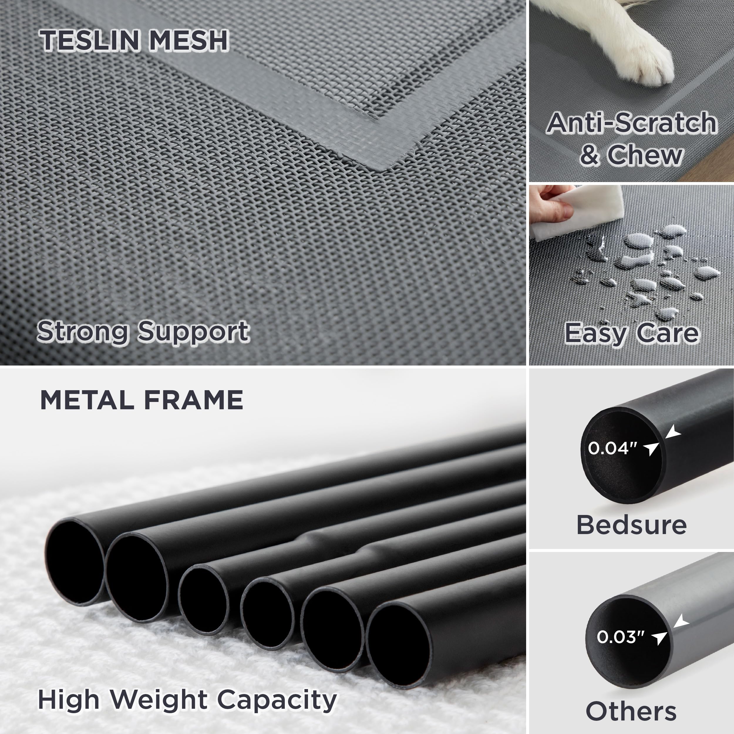 Bedsure Elevated Raised Cooling Cots Bed For Large Dogs, Portable Indoor & Outdoor Pet Hammock With Skid-Resistant Feet, Frame With Breathable Mesh, Grey, 49 Inches