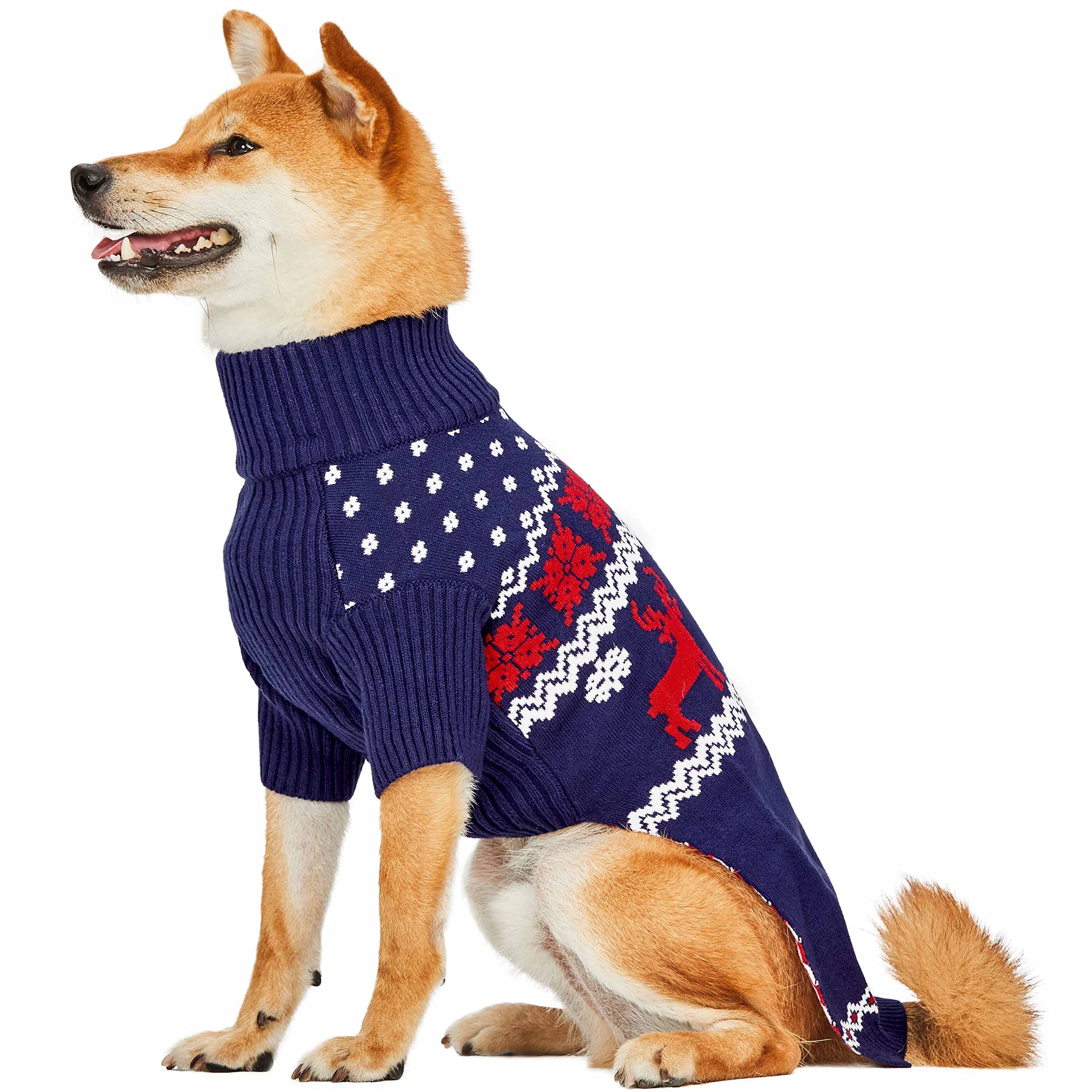 Blueberry Pet Christmas Reindeer And Snowflake Dog Sweater In Royal Blue, Back Length 16', Pack Of 1 Clothes For Dogs