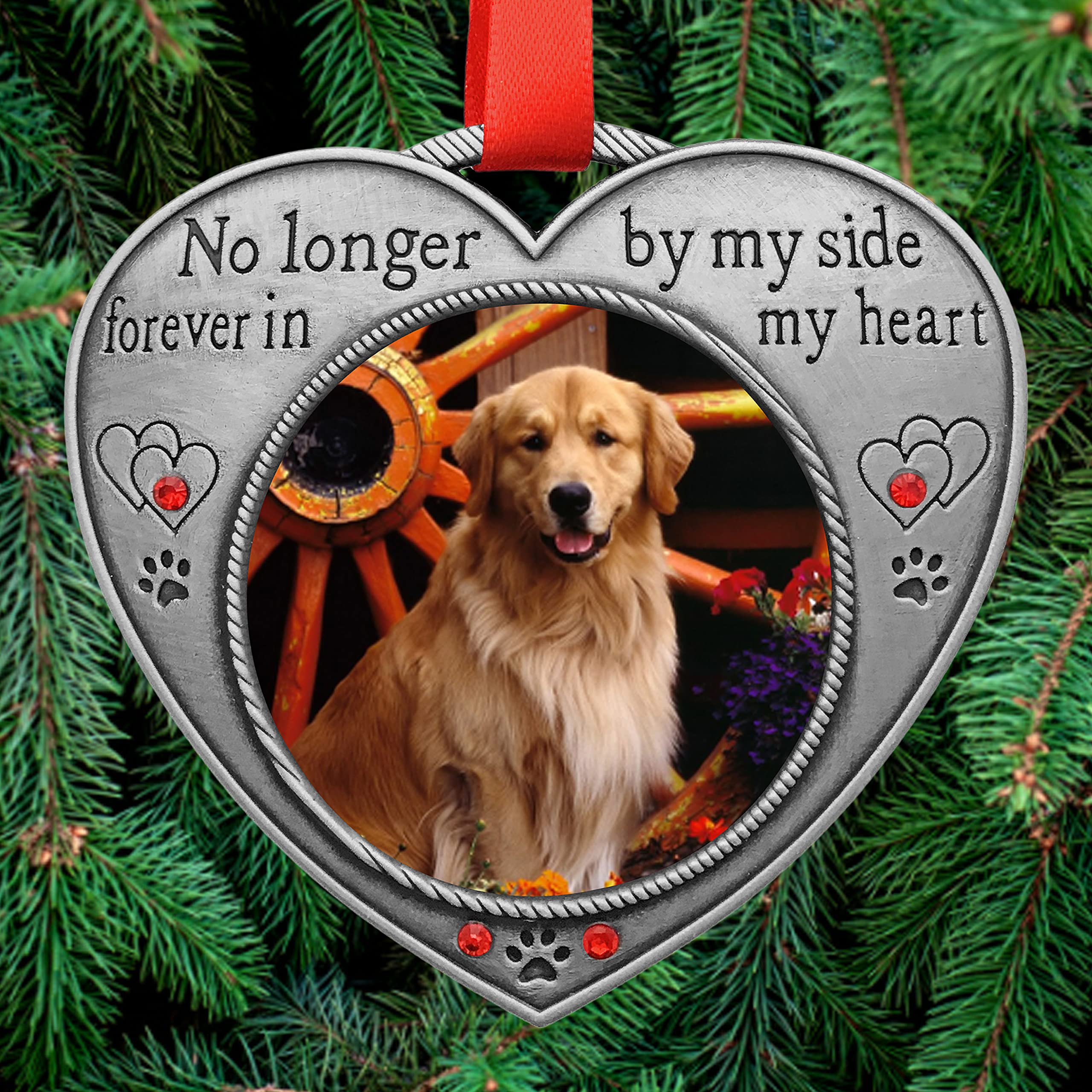 Pet Memorial Picture Christmas Ornament - No Longer By My Side - Heart Shaped Photo Frame Ornament - Loss Of A Pet - Pet Sympathy - 2 Pack - Gift/Storage Bags Included
