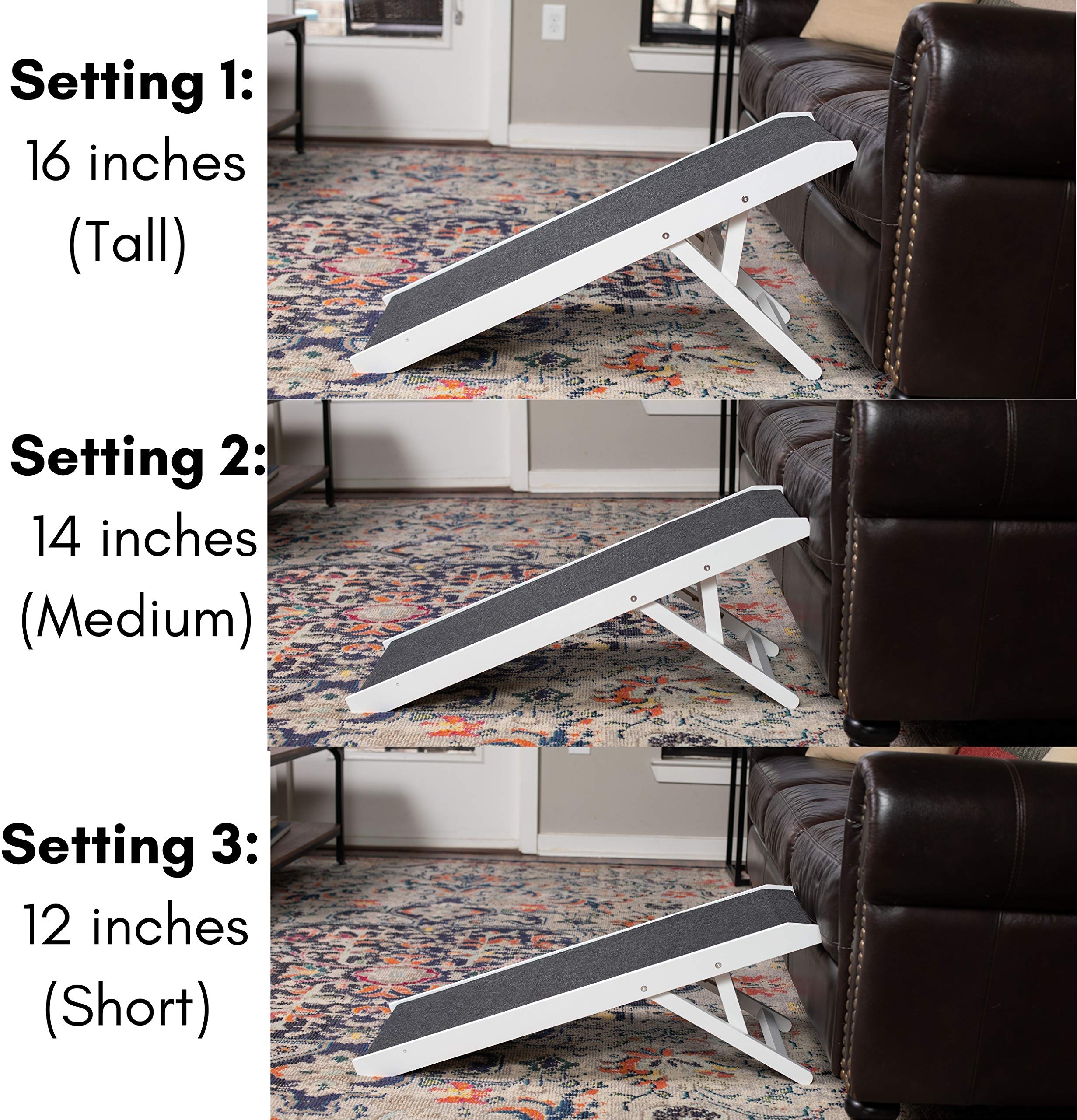 Birdrock Home Adjustable Dog Ramp For Low Beds Or Couches - Small Dogs Or Cats Only - Decorative Wooden Folding Doggie Ramps - Paw Friendly Grip Carpet - White 16'