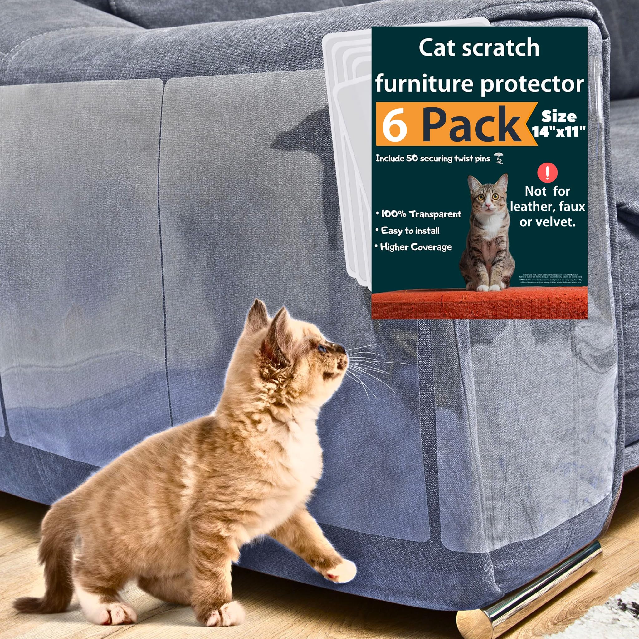 FixZilla Anti Cat Scratch Furniture Protector - 6-Pack Couch Shield, Beige, Heavy-Duty with 52 Twist Pins, Model FXMN1411
