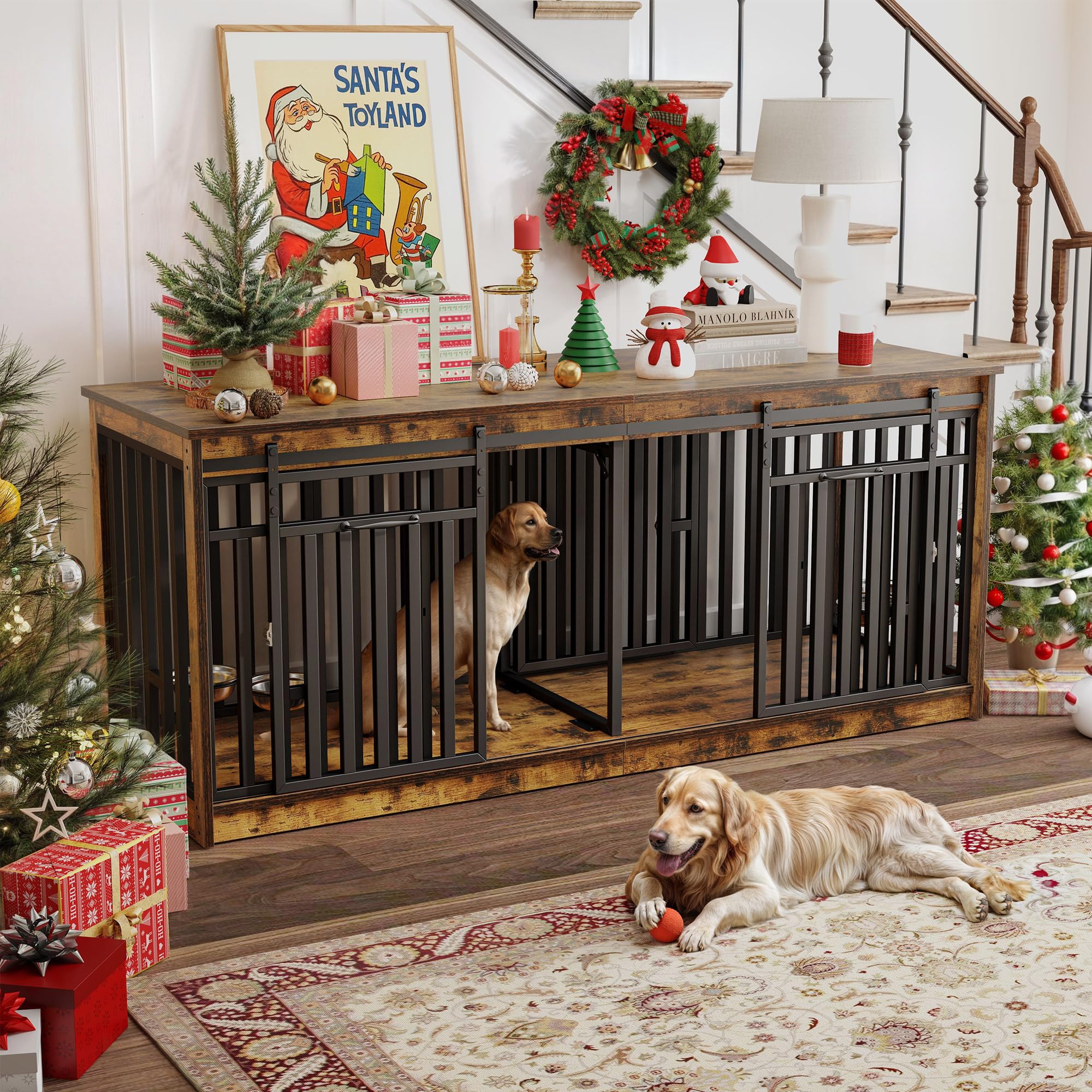 71 Inch Double Dog Crate Furniture for 2 Dogs, Heavy Duty Wooden Dog Crate TV Stand with 4 Dog Bowls, Dog Kennel Indoor Furnitur