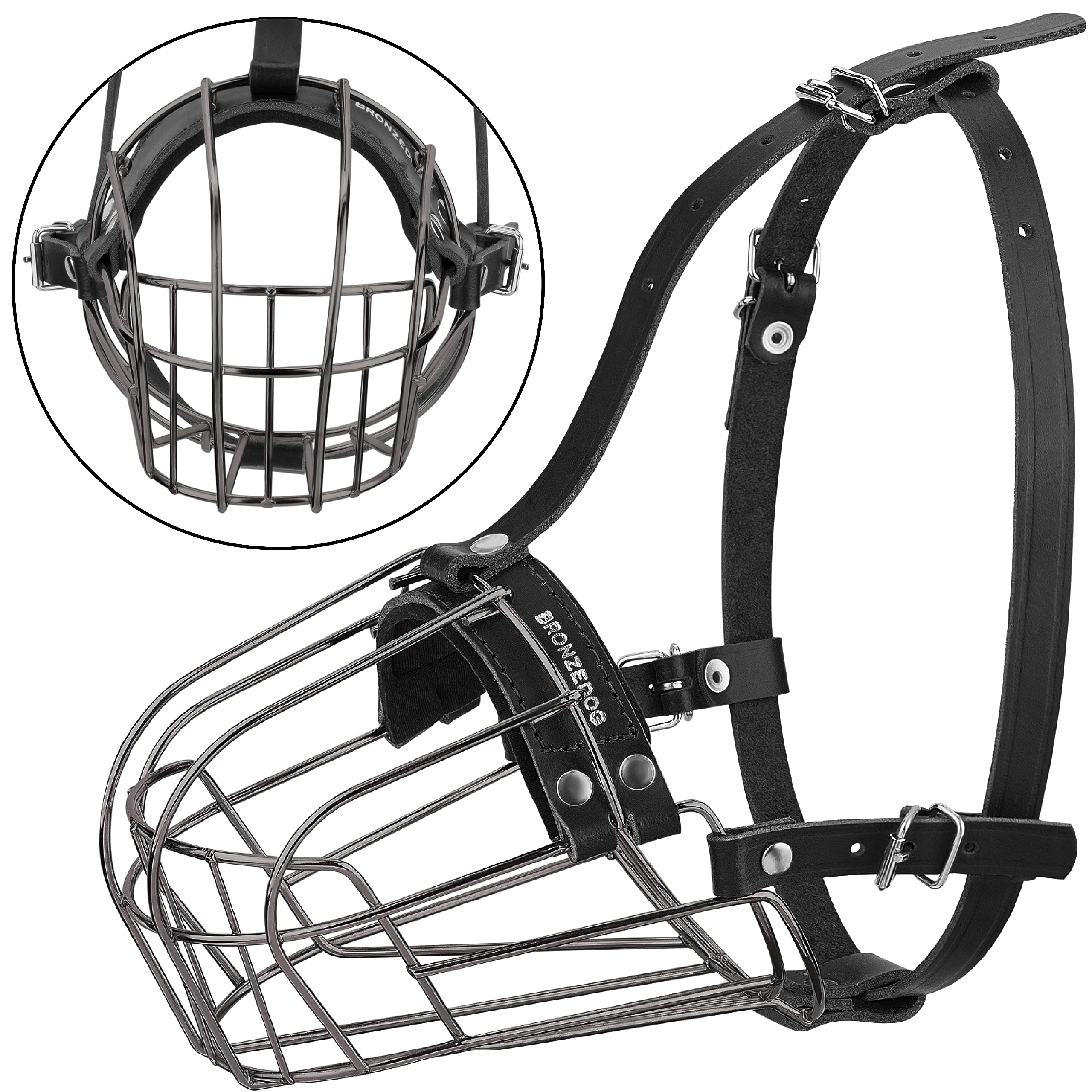 Bronzedog Pitbull Dog Muzzle Metal Mask Amstaff Wire Basket Pit Bull Adjustable Leather Straps For Large Dogs (Graphite Metal)