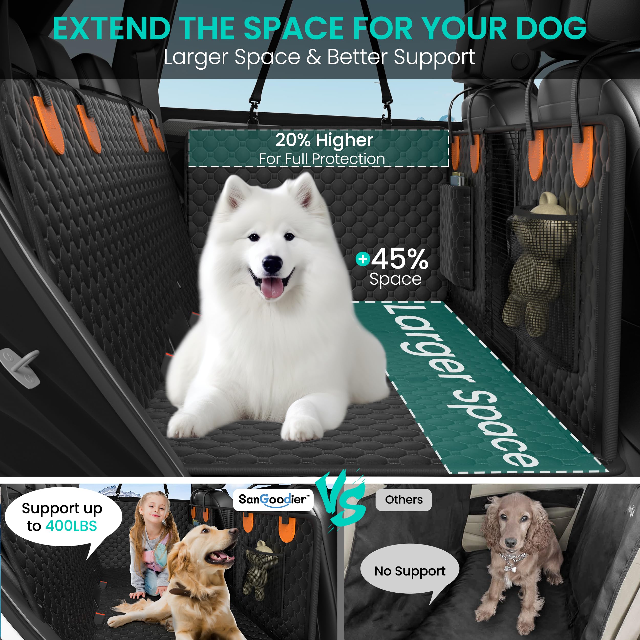 Sangoodier Dog Car Seat Cover For Back Seat, Hard Bottom Back Seat Extender For Dogs, Waterproof Dog Hammock For Truck Support T