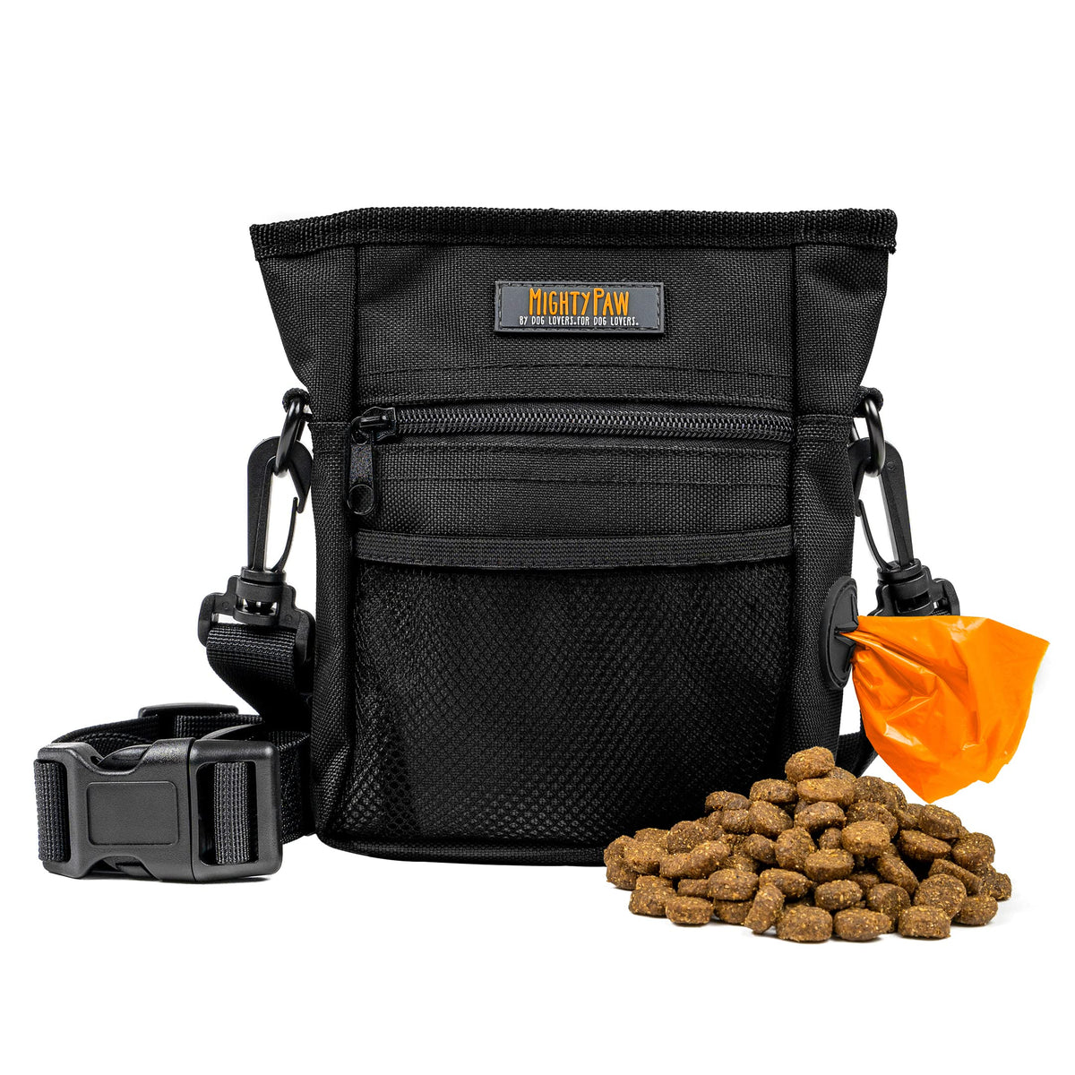 Mighty Paw Dog Treat Pouch 2.0 | Pet Training Hands-Free Snack Bag w/Strap. Holds 2 Cups Kibble, Poop Bags, Phone & Keys. Magnet