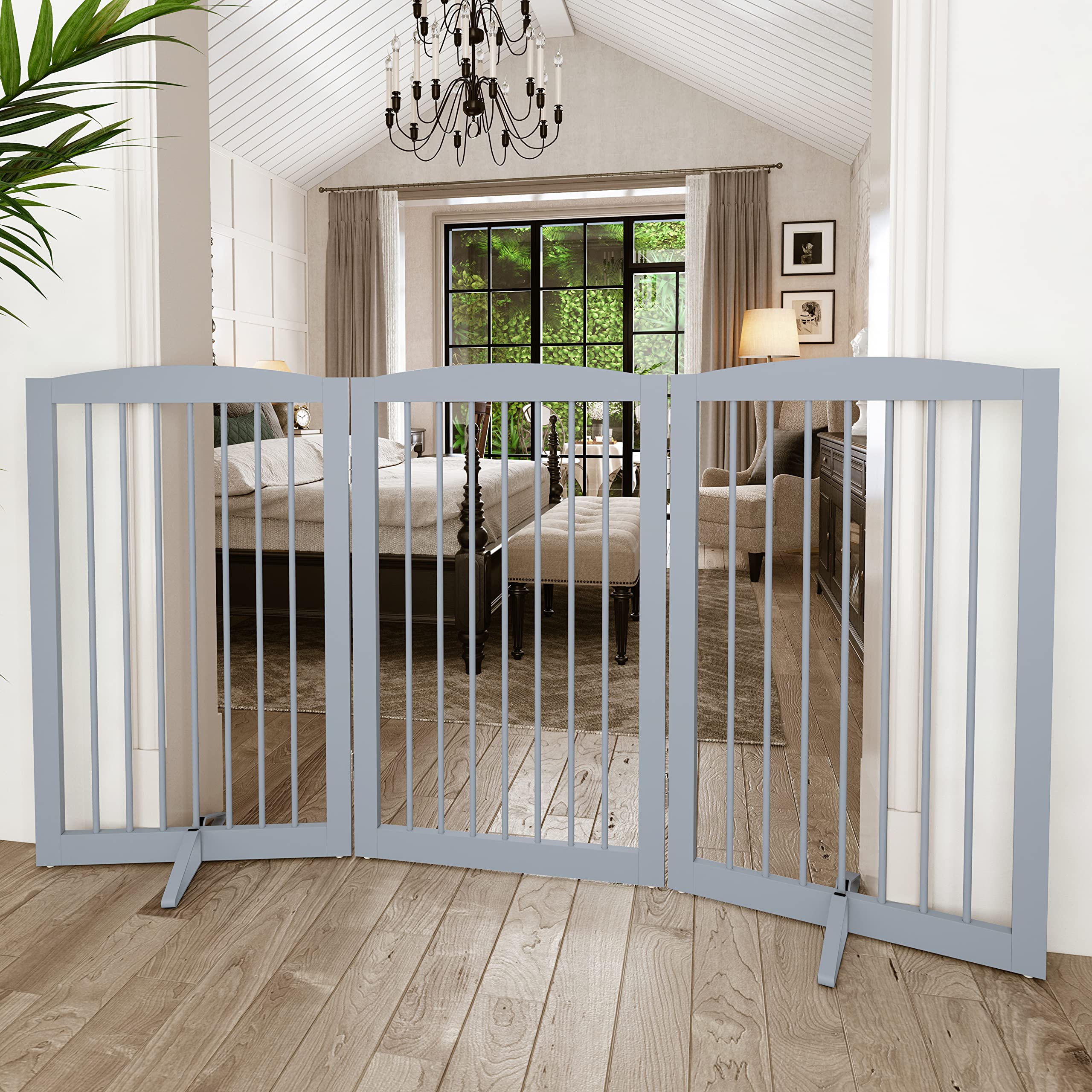 Pupetpo Freestanding Pet Gate For Dogs, Foldable Wooden Dog Gate For House Indoor, Tall Dog Gate For Stair, Doorway,Hall, Step Over Pet Puppy Safety Fence, 3 Panels 32' ,Grey