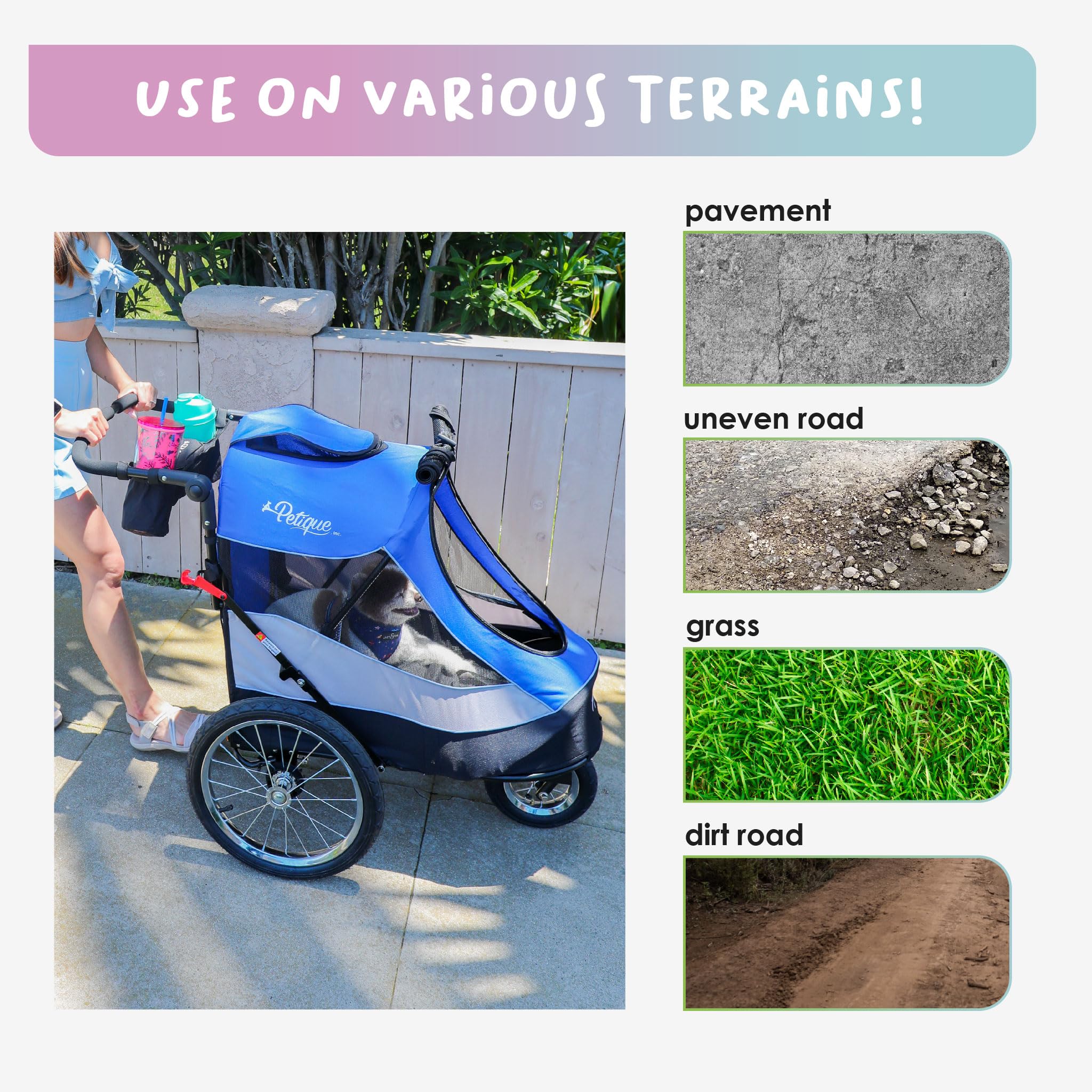Petique Trailblazer Pet Jogger/Stroller, Bike Trailer, Shock Absorbing Bike Wheels, Large Entry Way, Peek-a-Boo Window, Small/Medium/Large Dogs, Cats and Pets, Supports up to 77LBS - Atlas (Blue) -Like New