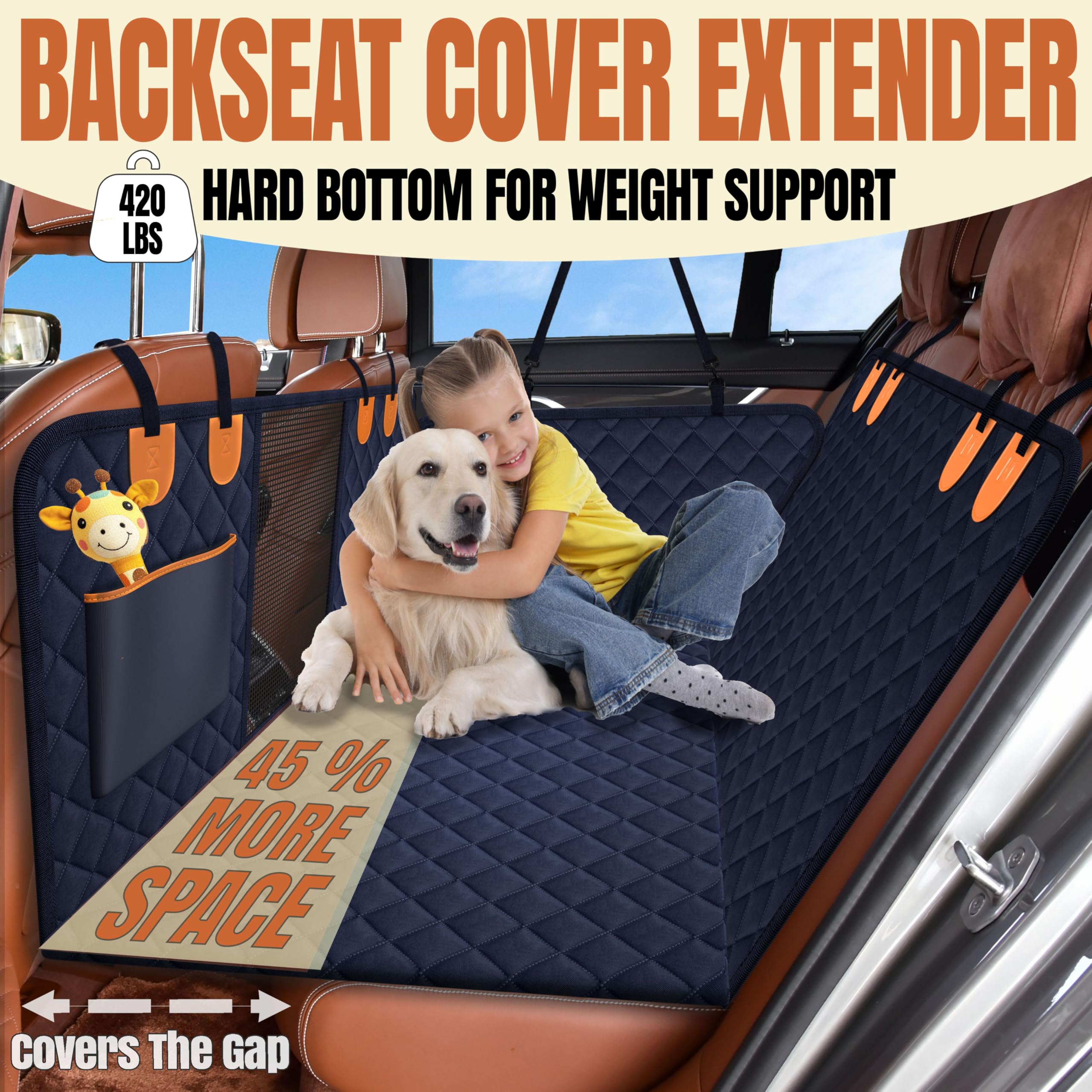 Back Seat Extender For Dogs, Hard Bottom Car Seat Cover For Dogs. Hammock Style, Large Space, Holds 420Lbs, Sturdy, Waterproof F