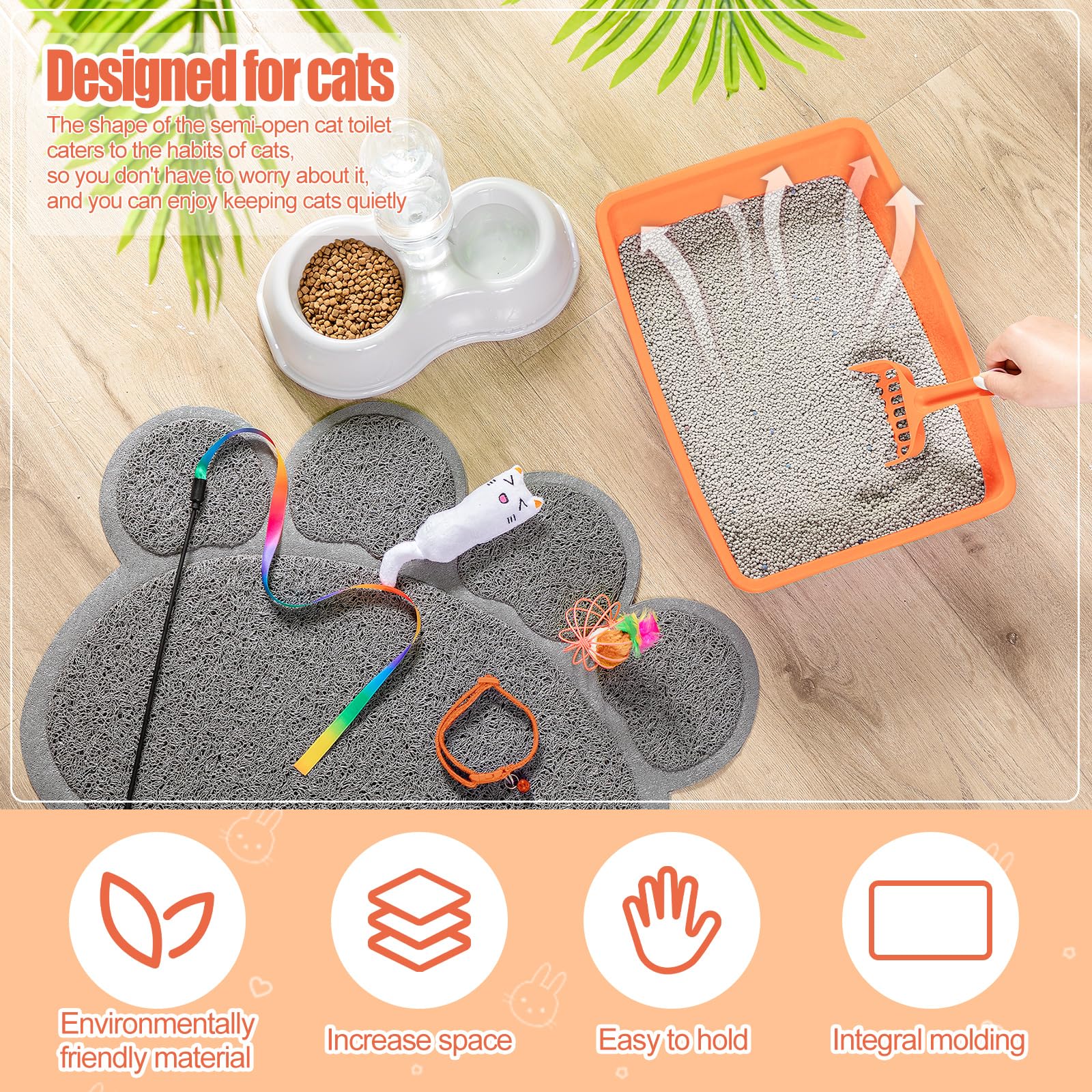 7 Pcs Small Cat Kitten Starter Kit Cat Litter Box with Shovel Paw Litter Mat Double Automatic Kitten Bowls Toy Teaser Stick Coll