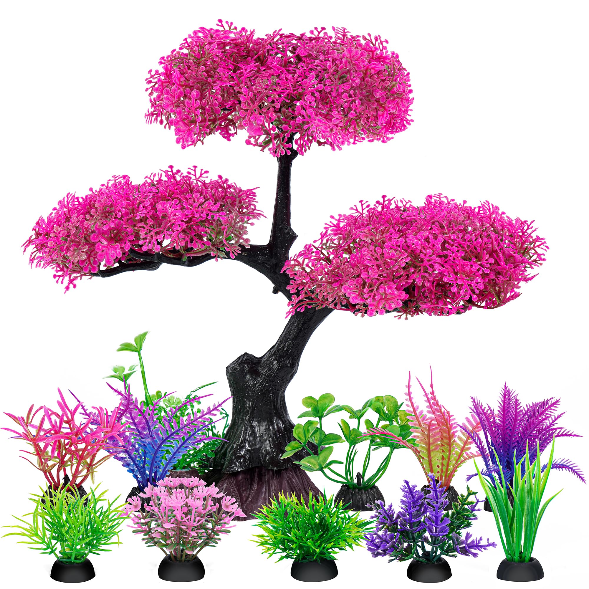 Ameliade Aquarium Artificial Plastic Plants Decoration, Pink Cherry Blossom Tree & Grass Aquarium Decor Set, Goldfish Betta Fish Tank Decorations Hides Accessories(Pink