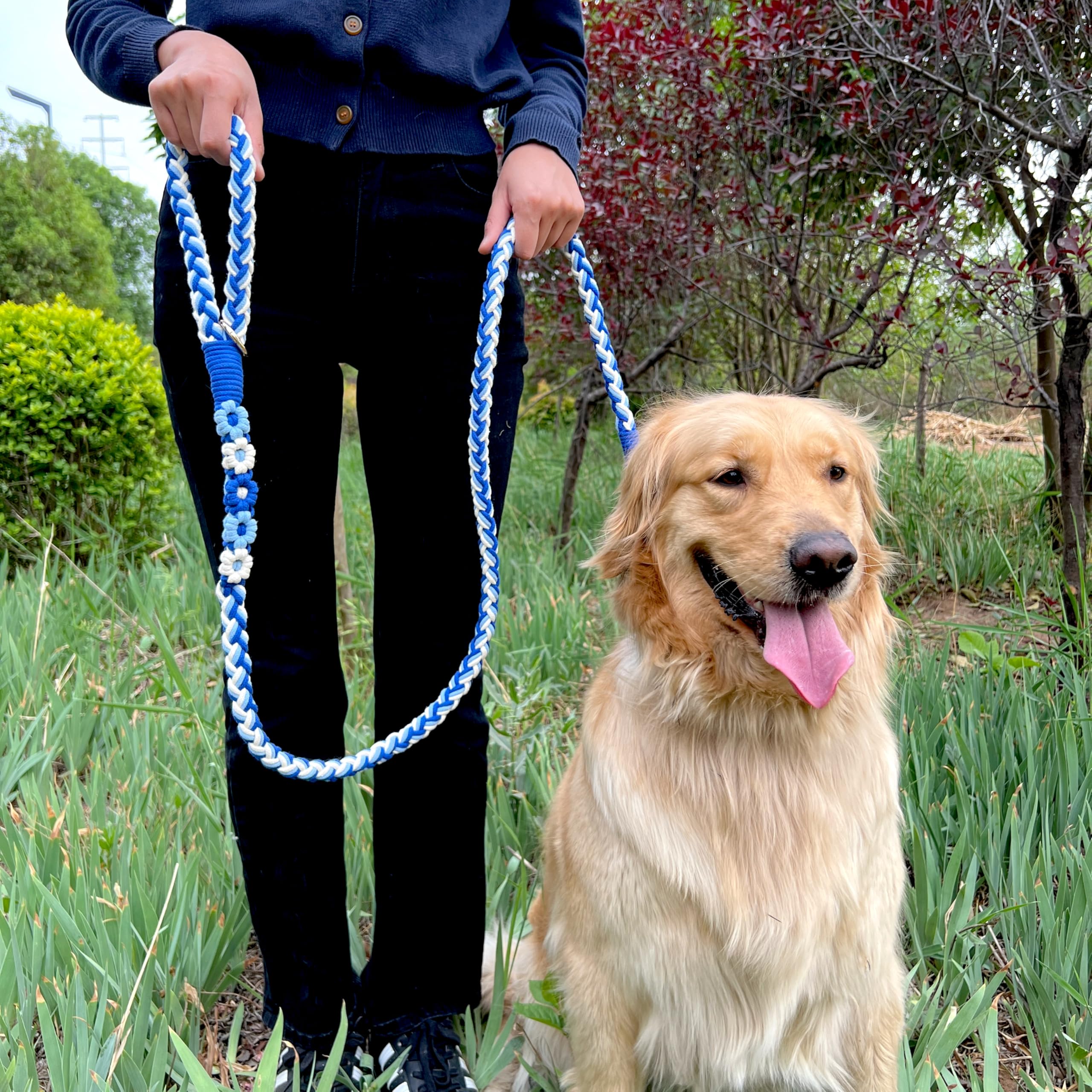 Handmade 5Ft Braided Cotton Dog Leash With Unique Floral Handle, Durable And Stylish, Ideal For Small To Large Dogs,Sea Wave