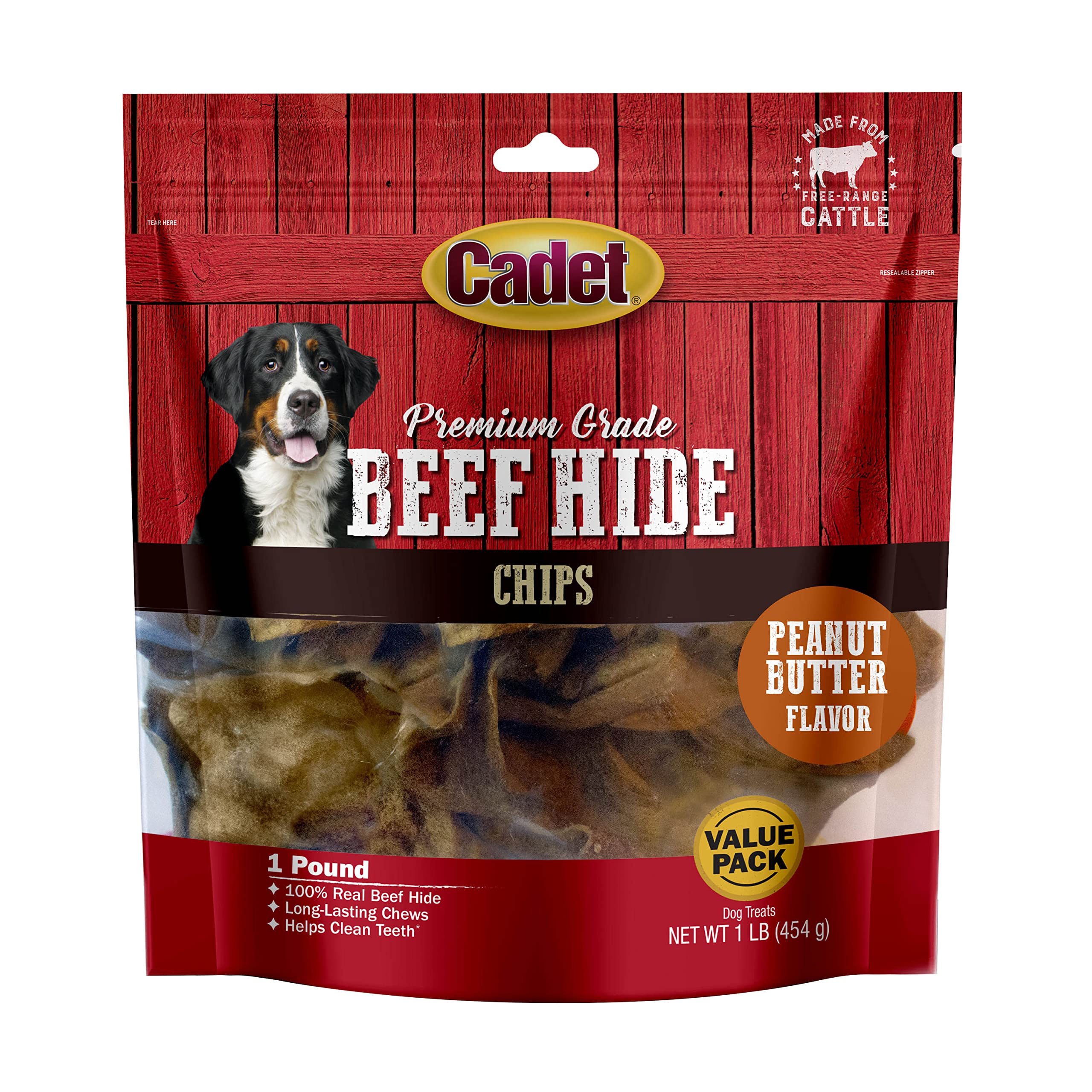 Cadet Premium Grade Beef Hide for Dogs, Long-Lasting Rawhide Chips, Single Ingredient Dog Chews, Peanut Butter Flavor, 1 Pound