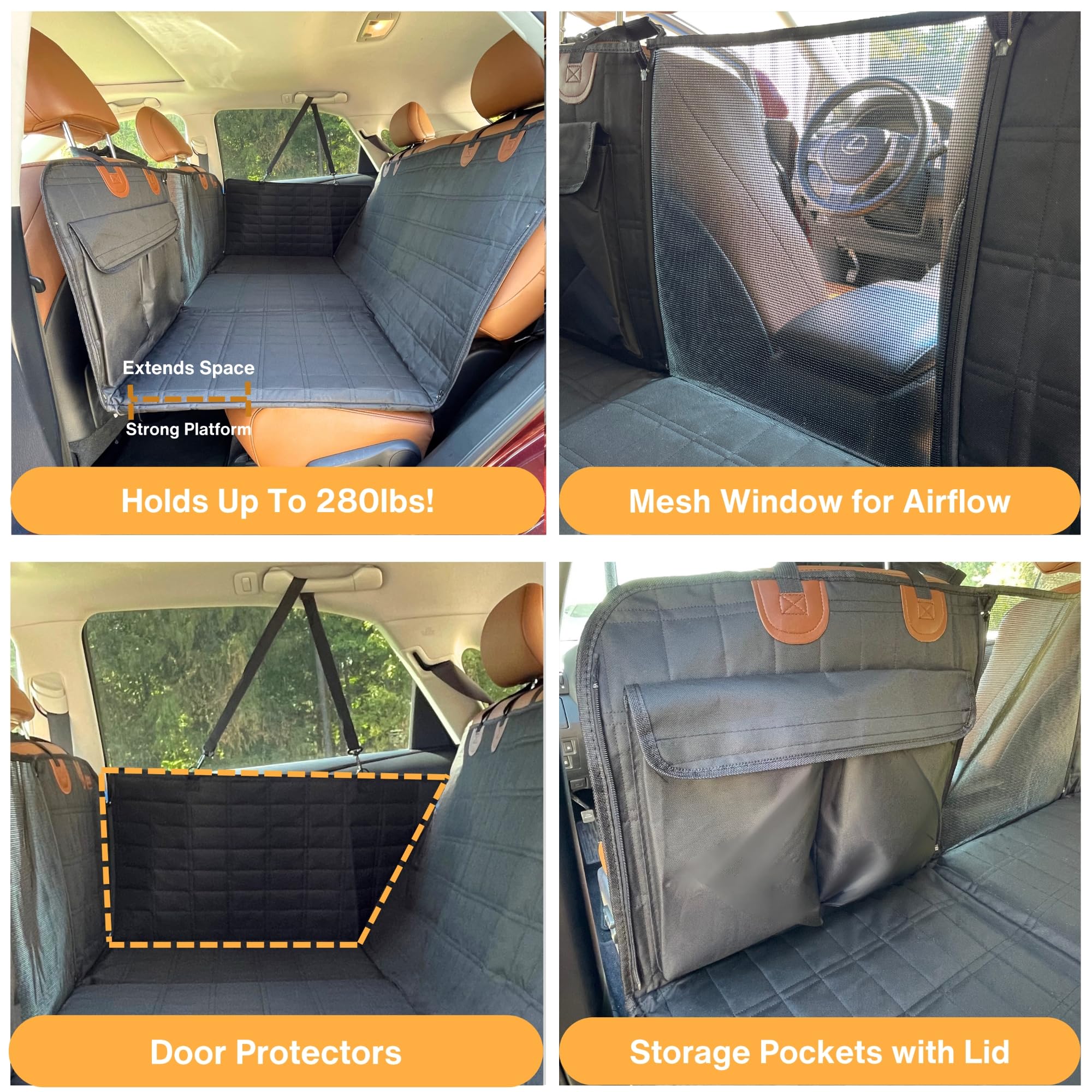 Dog Back Seat Extender - Waterproof Mesh Platform for Cars, Trucks, SUVs - With Storage Pockets and Door Covers (Black)