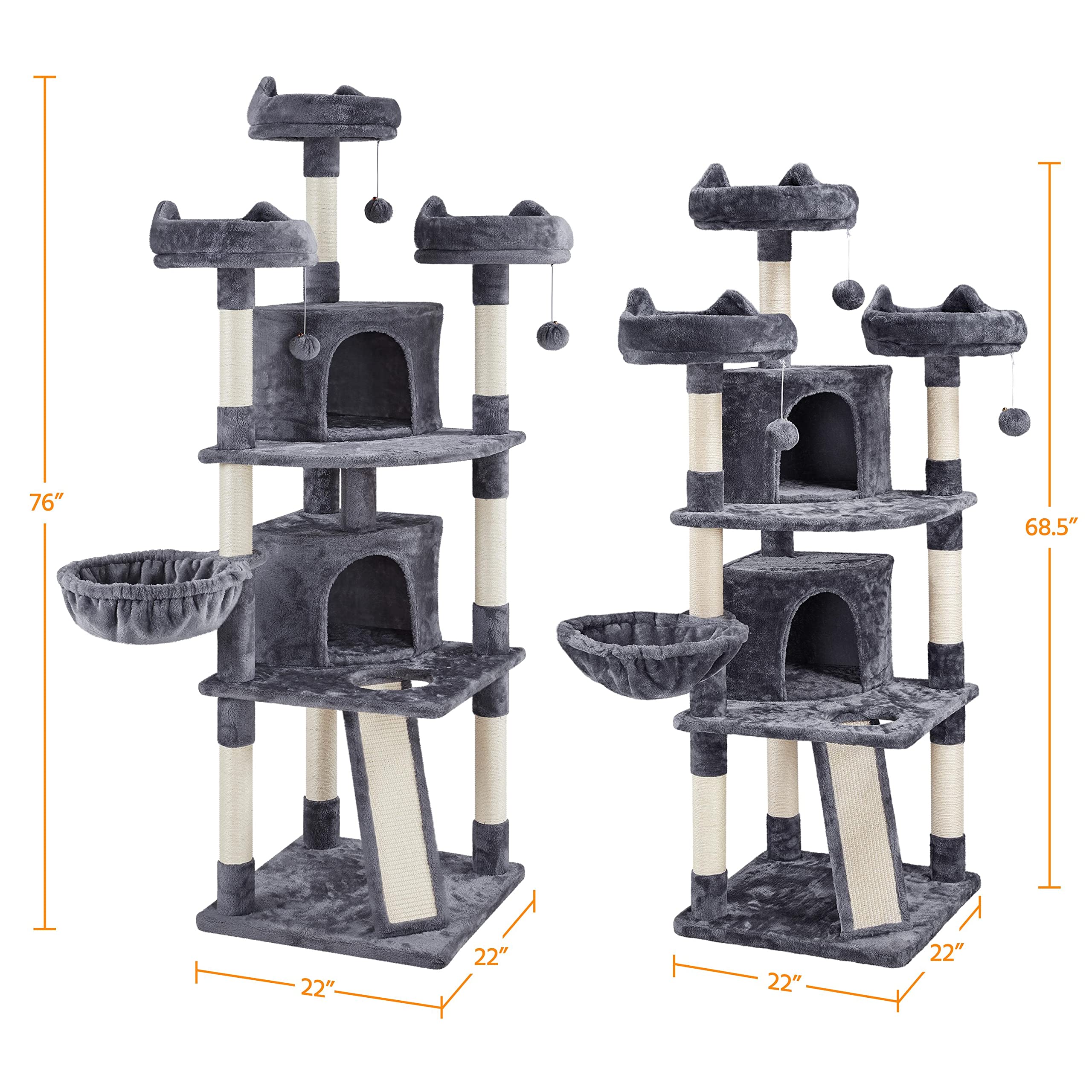 Yaheetech 76''H Large Cat Tree, Multilevel Cat House Plush Cat Tower With 2 Condos & 8 Scratching Posts For Kittens, Dark Gray