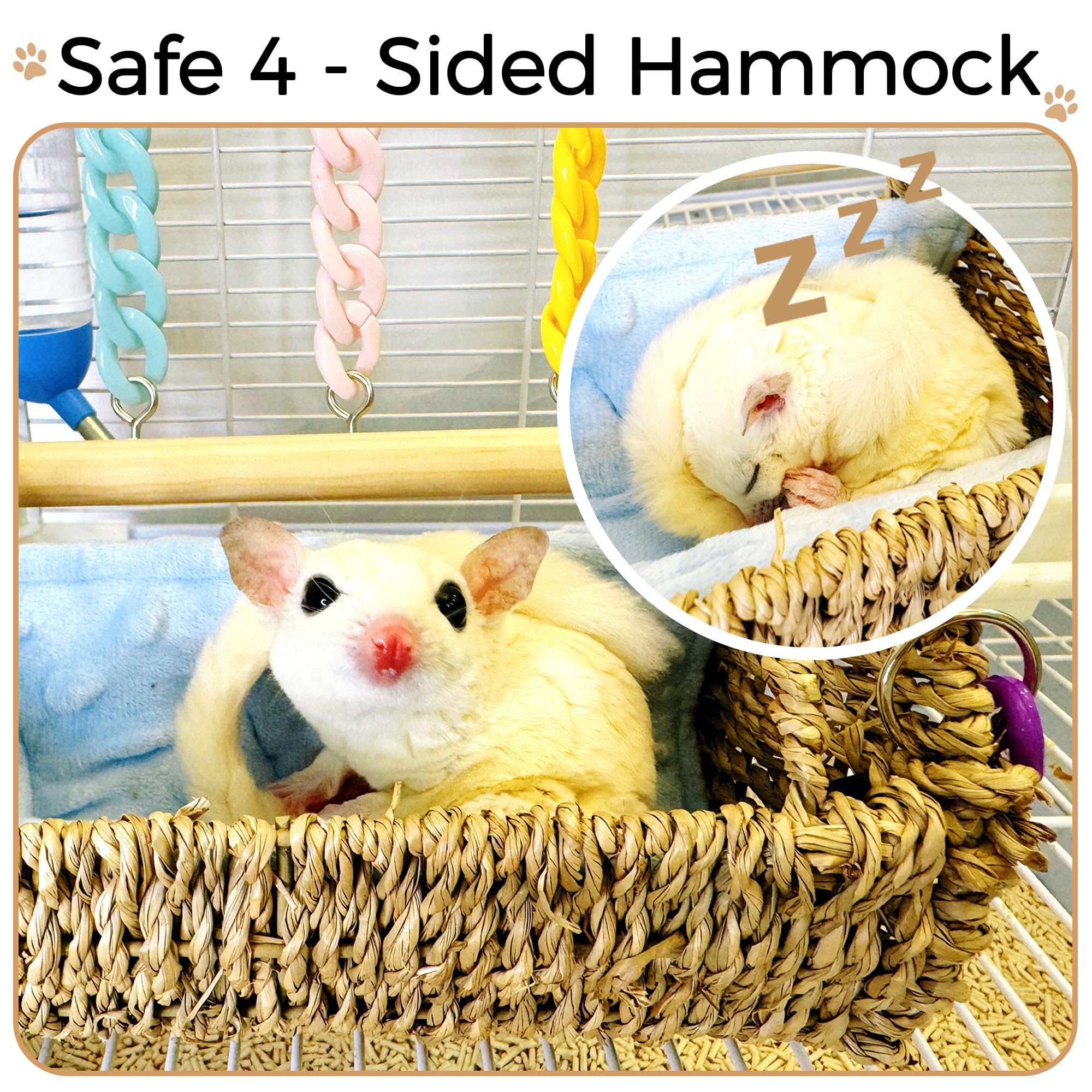 Jevnd Sugar Glider Hammock Bed With Removable Pad, Sturdy Metal Frame & Breathable Seagrass Sugar Glider Sleeping Pouch, 4-Sided