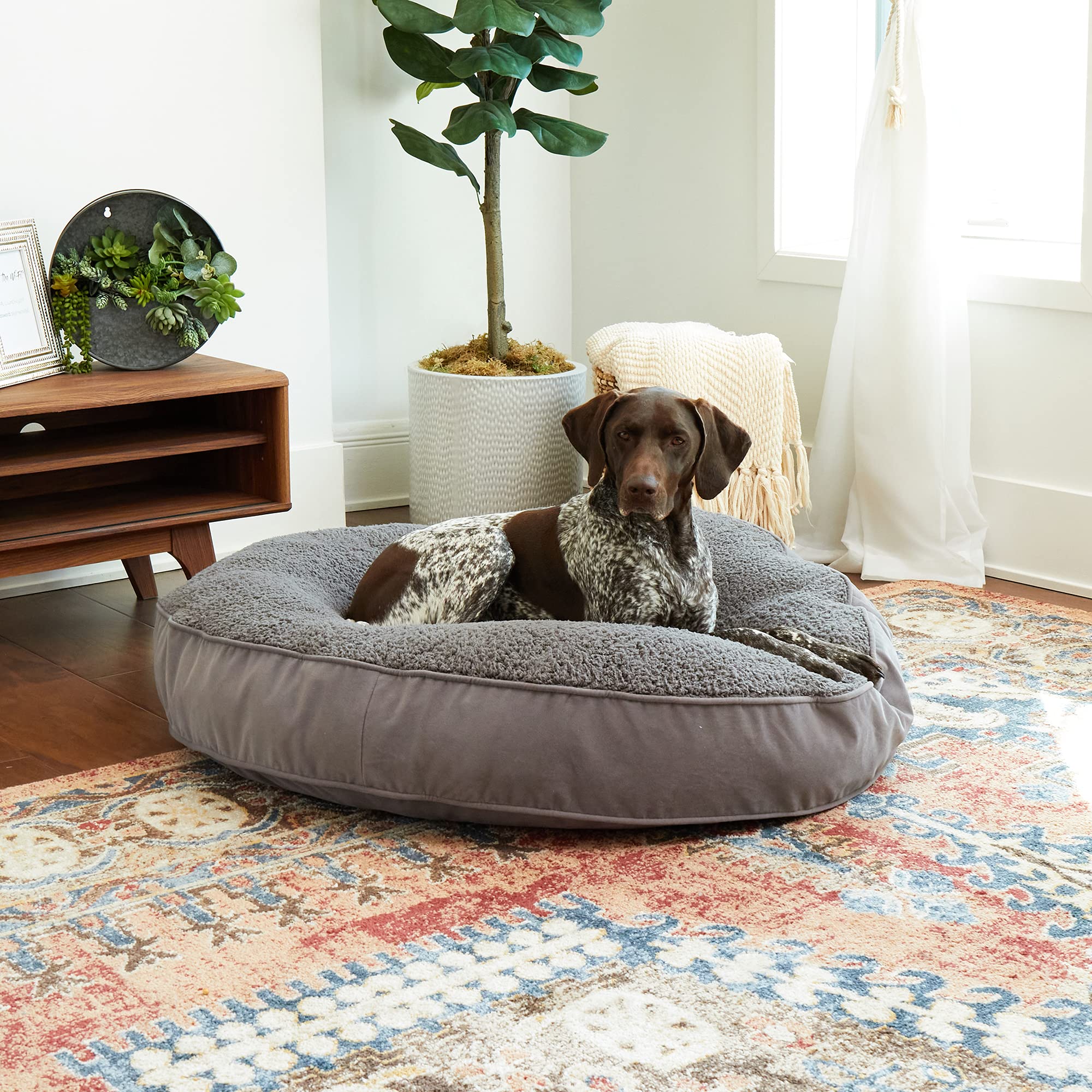 Happy Hounds Scout Deluxe Round Pillow Style Sherpa Dog Bed, Large (42 X 42 In.), Pewter