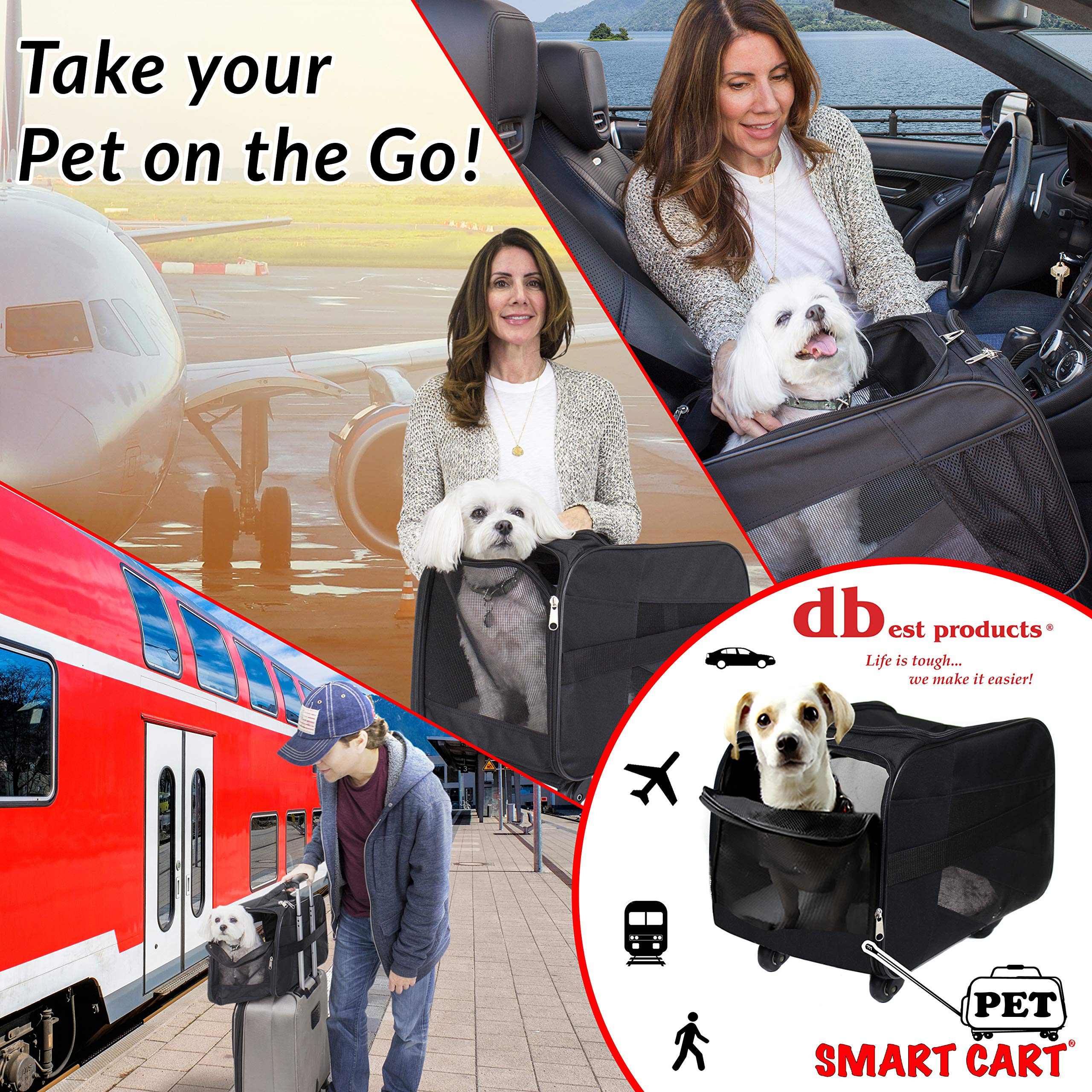 dbest products Smart Cart Pet Carrier with Wheels, Airline Approved Dog and Cat Carrier with Telescoping Handle, 21x12x12in, 24