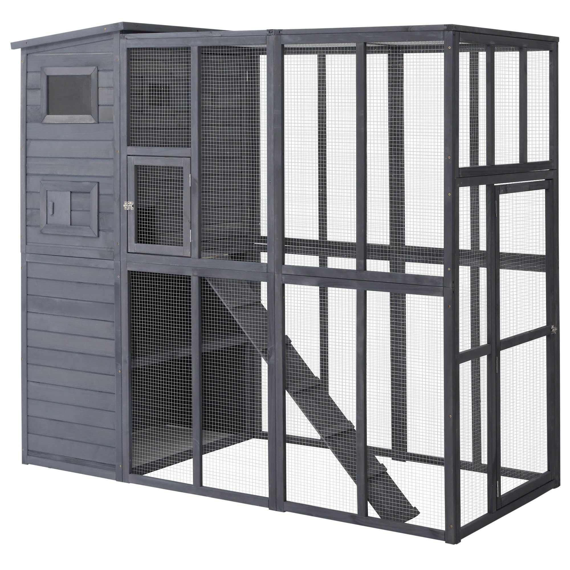 PawHut Large Cat House Outdoor Catio Wooden Feral Cat Shelter, Kitten Enclosure with Door, Cat Condo and Weather Protection Asph