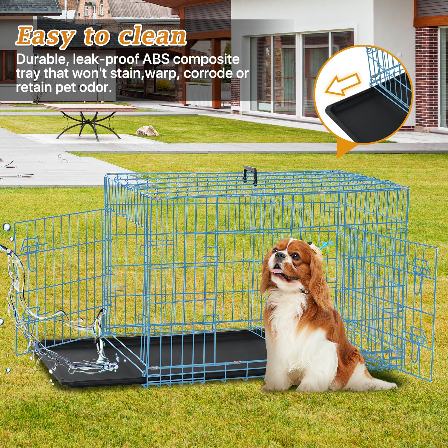 Folding Dog Crate 36'' Metal Portable Outdoor Double Door Wire Large Cat Pet Dog Cage Kennel With Abs Tray Lc & Divider, Blue