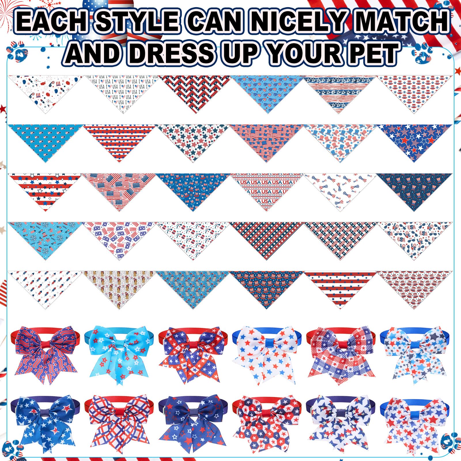 Sanwuta 108 Pcs Patriotic Dog Bandanas Bulk for Independence Day Soft Breathable Dog Stars Bow Ties Adjustable Pet Collar Bowtie