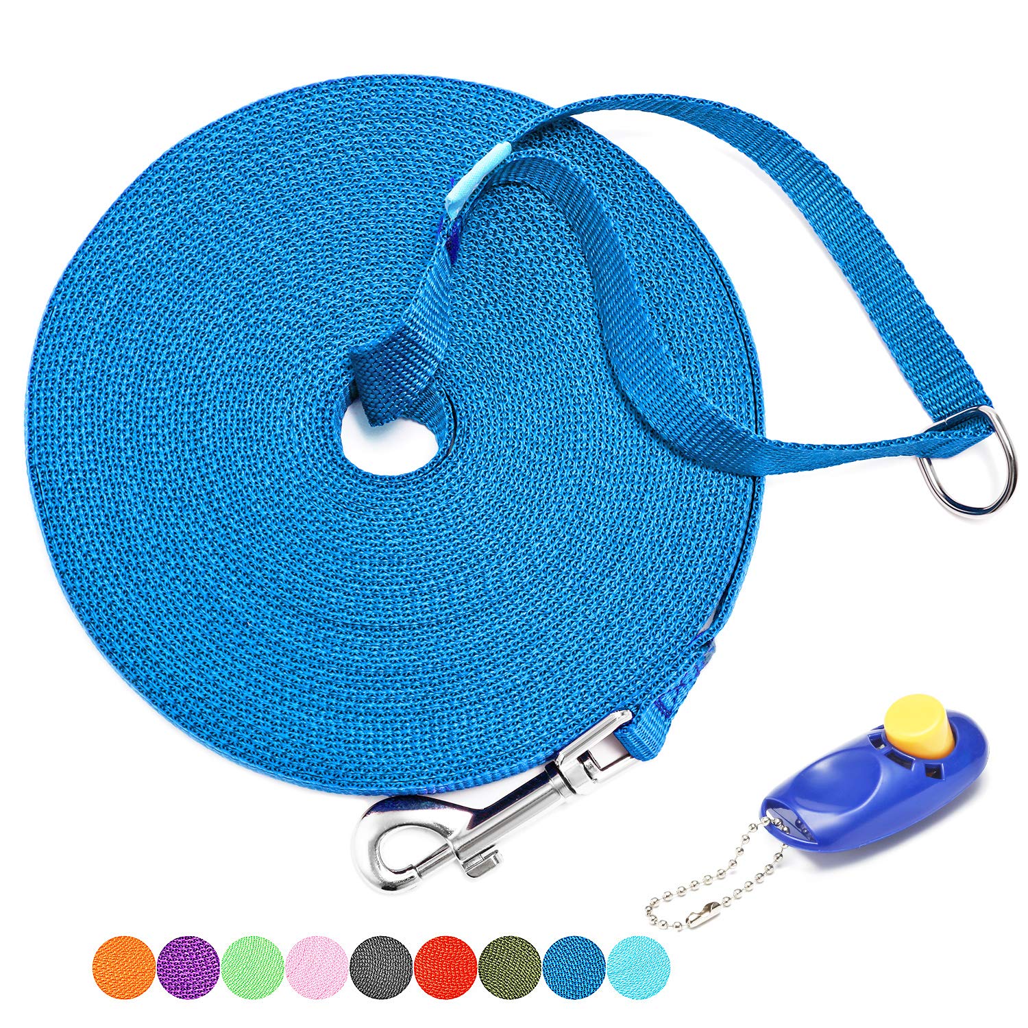 Baapet 15 Ft 20 Ft 30 Ft 50 Ft 100 Ft Long Dog Training Leash For Dog Training, Play, Camping, Or Backyard Lead With Training Clickers For Small, Medium And Large Dogs Or Cats (30 Feet, Blue)
