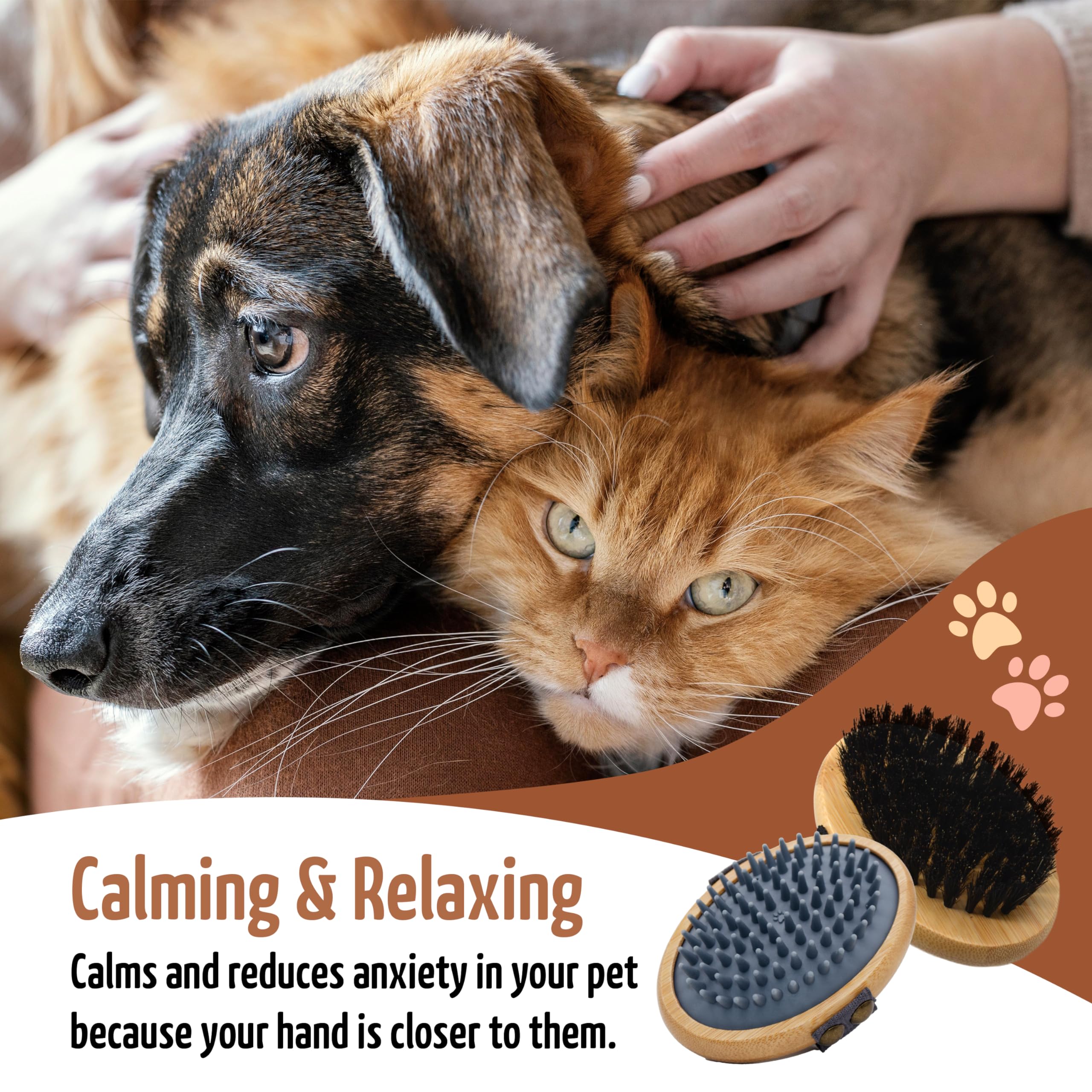The Buddy System Pet Close Brush, Soft Touch Oval Palm Brush - Bamboo Massage Handheld With Soft Boar Bristles And Elastic Band