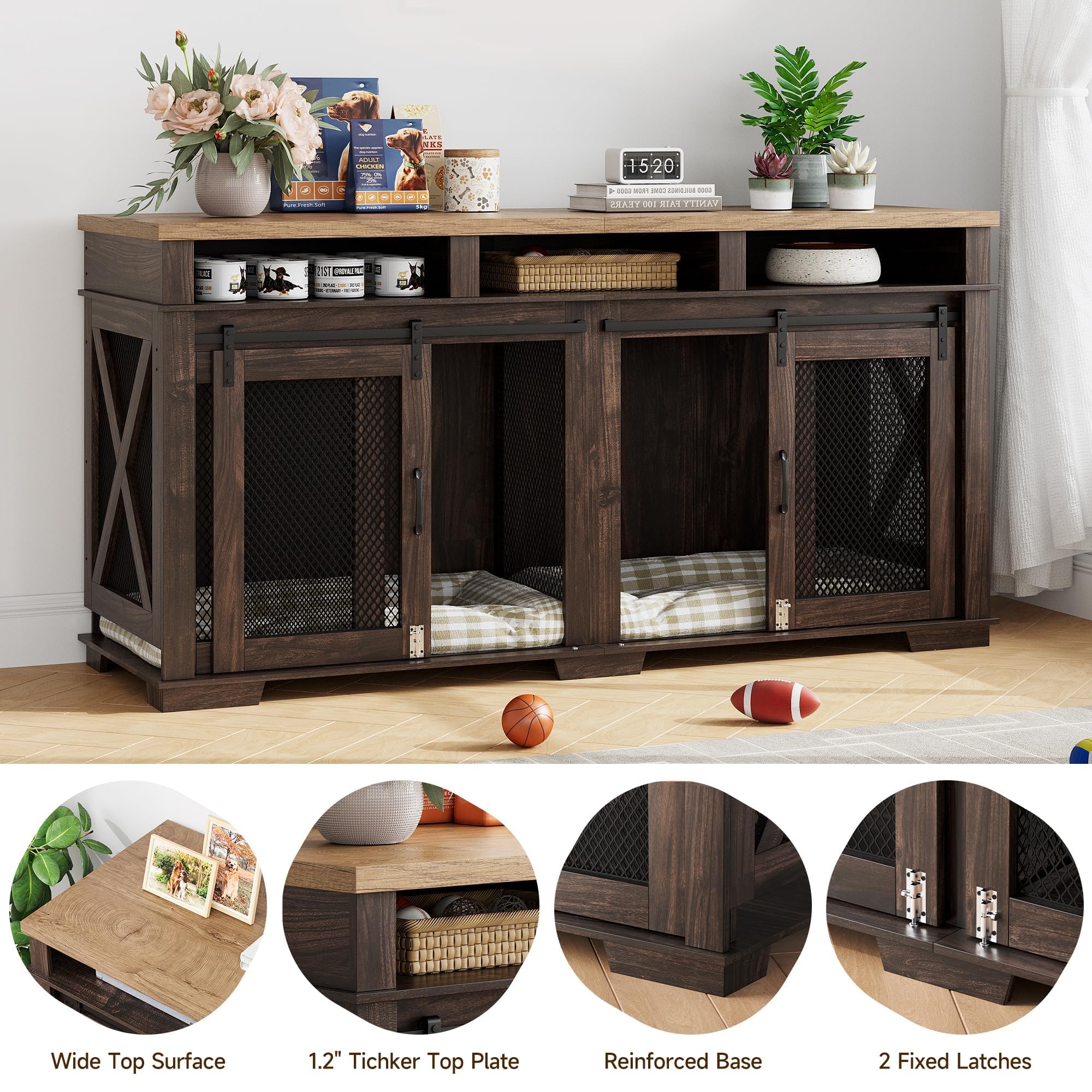 71 Dog Crate Furniture, Furniture Style Double Dog Crate Table Indoor TV Stand, Double Dog Kennel Furniture with 3 Storages and