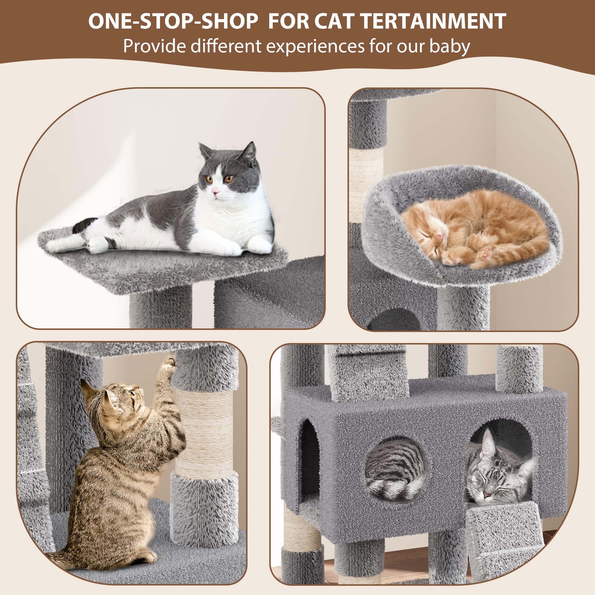 Cat Tree, Tall Cat Tower Condo For Indoor Large Cats, Cat House Furniture With Padded Plush Perch Sisal Scratching Posts (Grey,