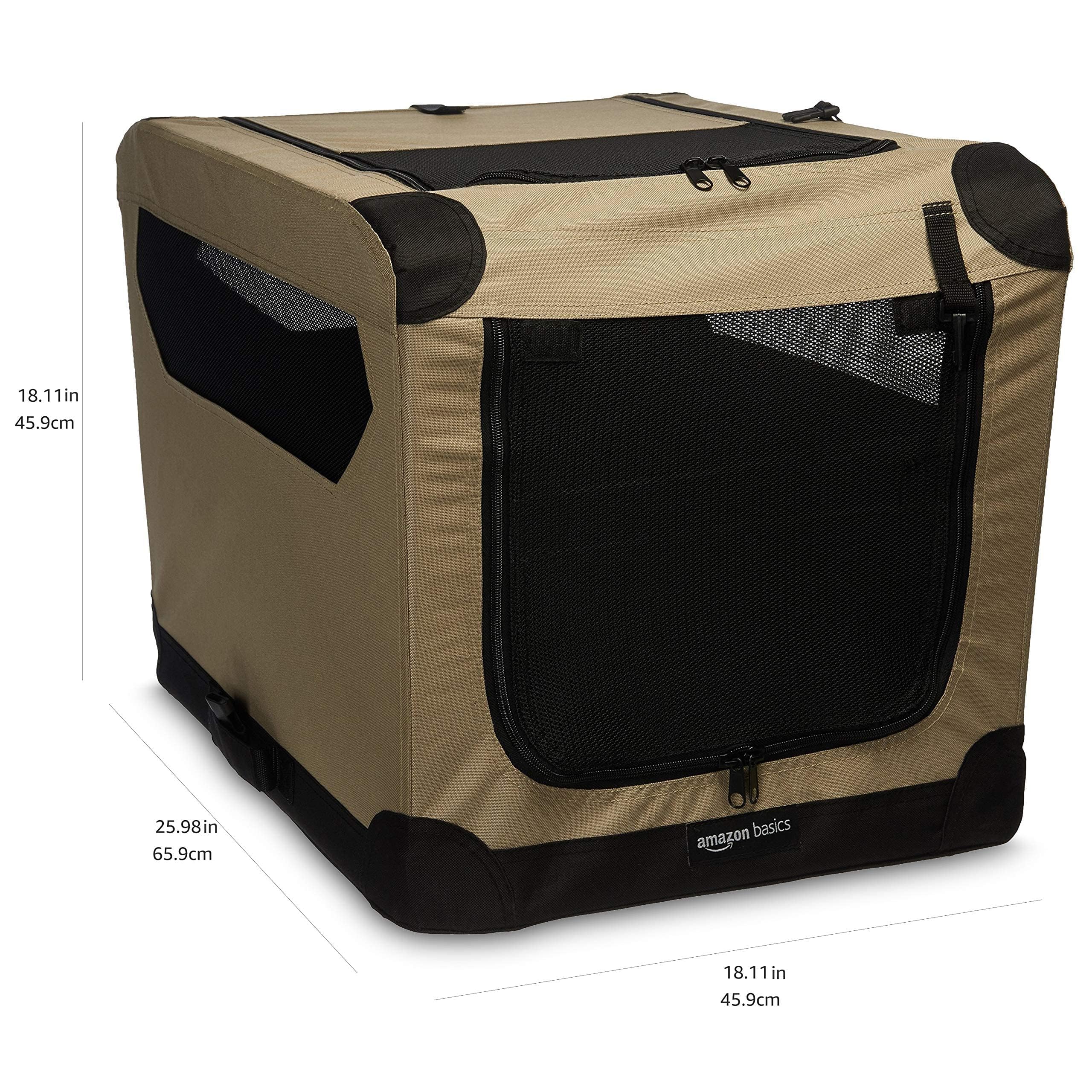 Amazon Basics 2 Door Foldable And Portable Travel Pet Kennel For Cat, Dog, Rabbit, 26 Inch, Tan, S 26'' X 18'' X 18''