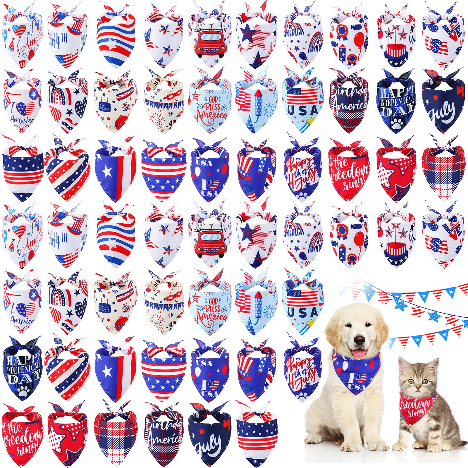 60 Pcs 4Th Of July Day Dog Bandanas Patriotic Dog Bibs American Flag Pet Costume Adjustable Dog Cat Holiday Outfit Washable Tria