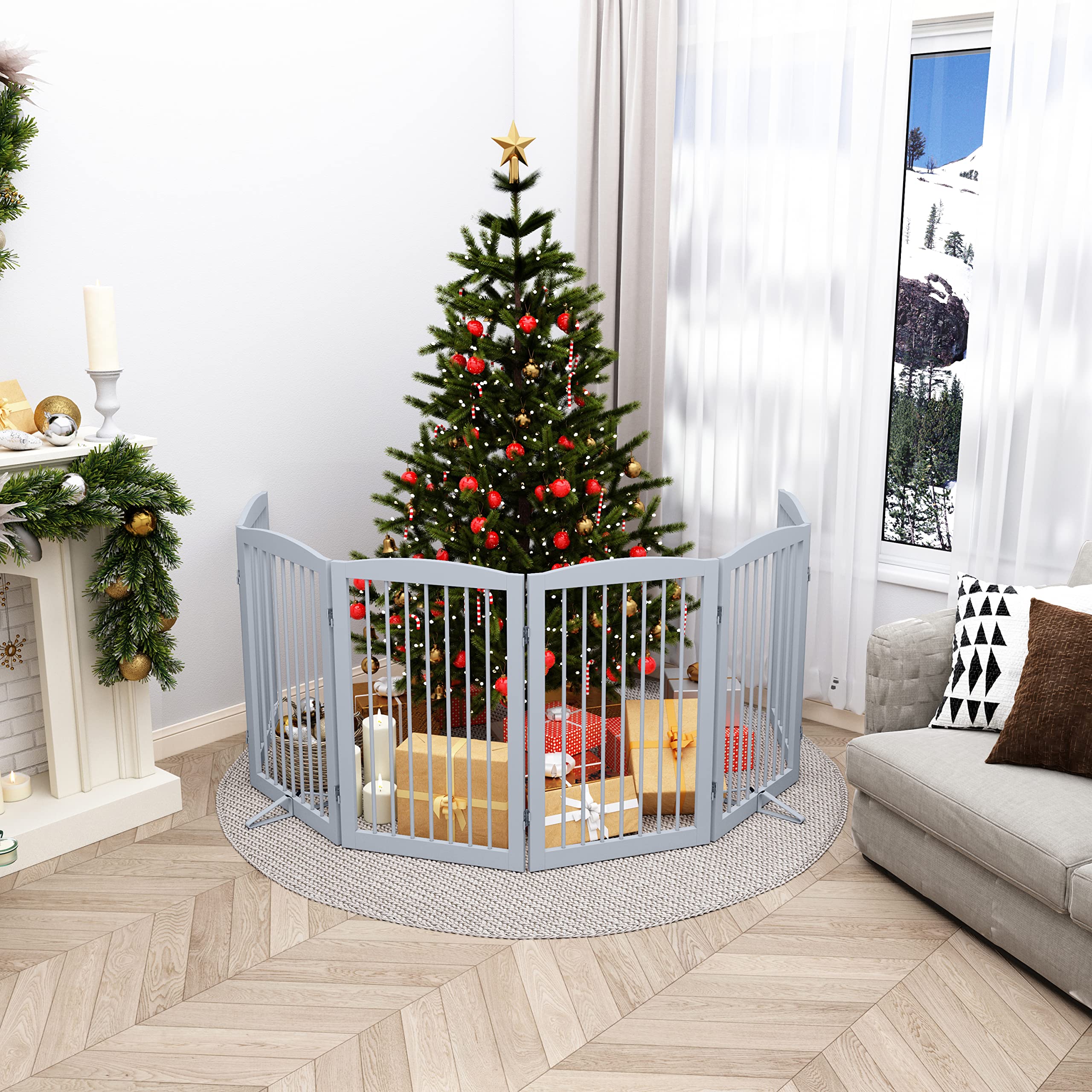 Pupetpo Freestanding Pet Gate For Dogs, Indoor Wooden Dog Gate For House, Extra Wide Dog Gate, Foldable Dog Gate For Stairs, Doorways, Halls, Support Feet Included, 120 Inch Wide, 6 Panels 32', Grey