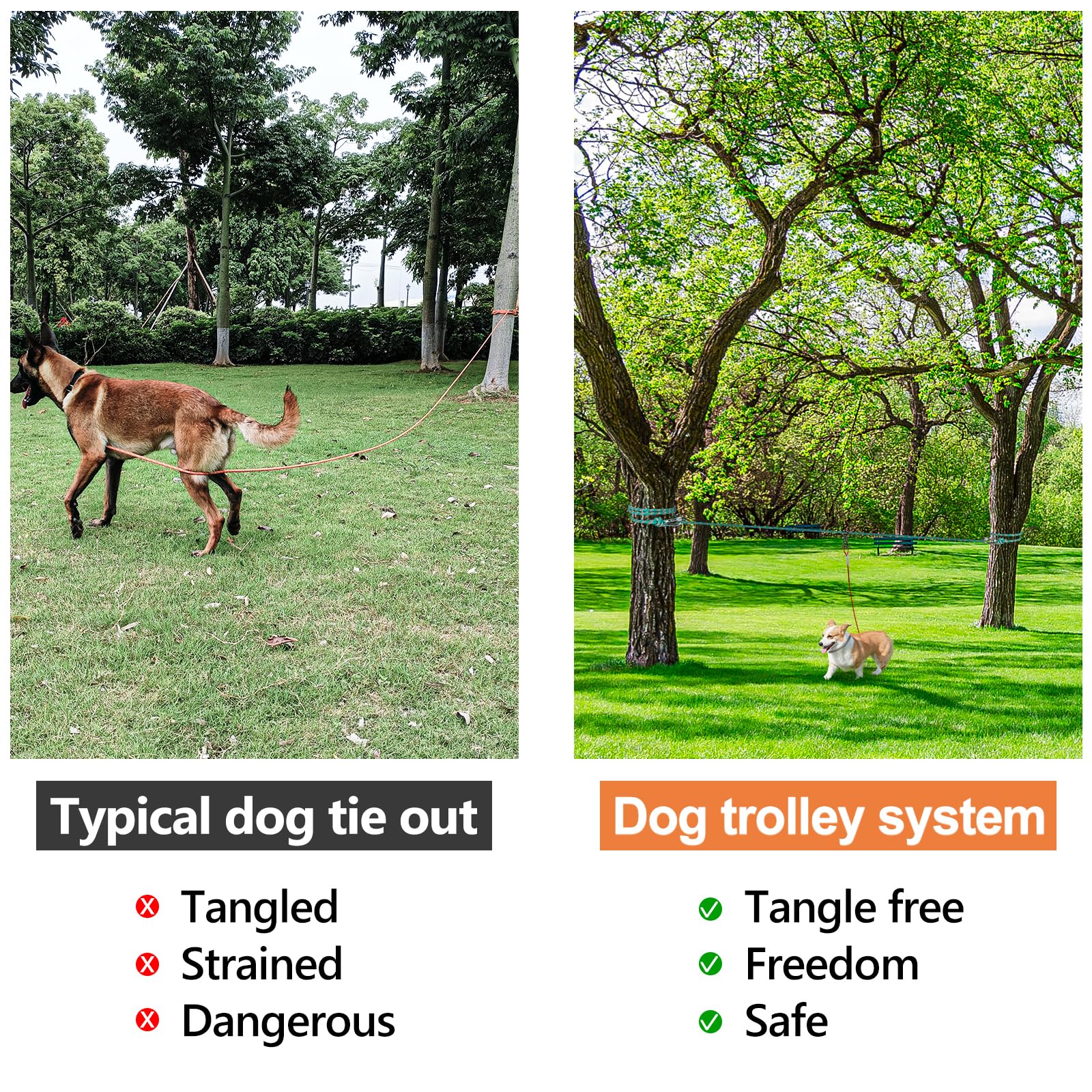 Xiaz Dog Tie Out Cable For Camping, 50Ft Portable Overhead Trolley System For Dogs Up To 200Lbs,Dog Lead For Yard, Camping, Park