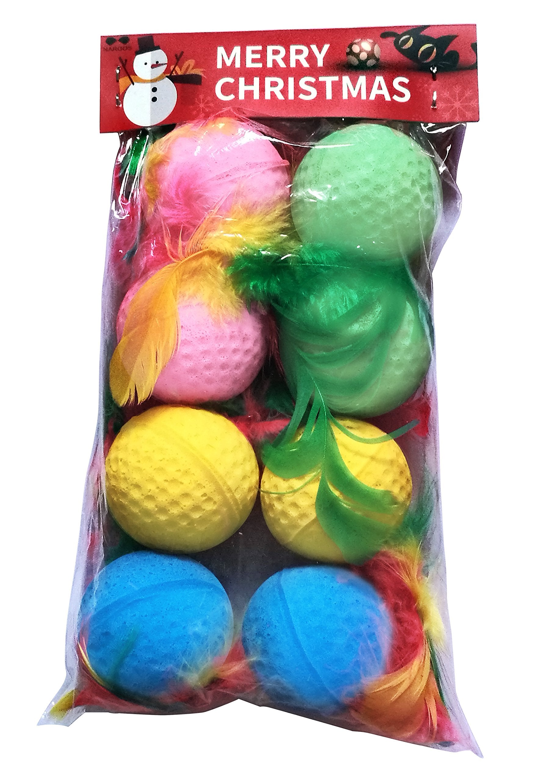 Nargos 1.5 Dia Colorful Golf Sponge Foam Balls Cats Toys With Feathers-Christmas Version (8 Pack)