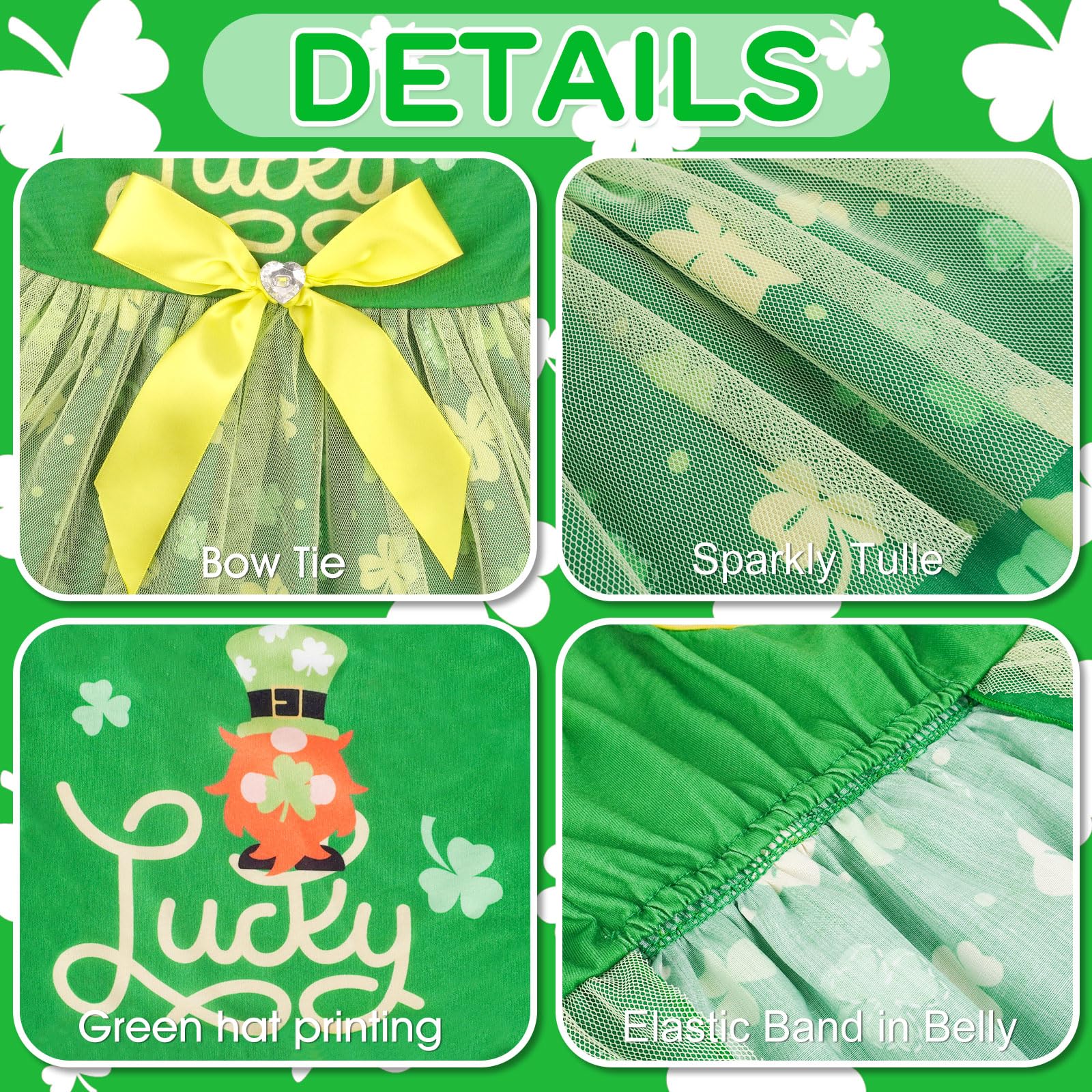 Cyeollo St. Patrick'S Day Dog Dress Lucky Shamrock Dog Tulle Skirt With Bowtie Holiday Dog Dresses For Medium Large Dogs Pet App