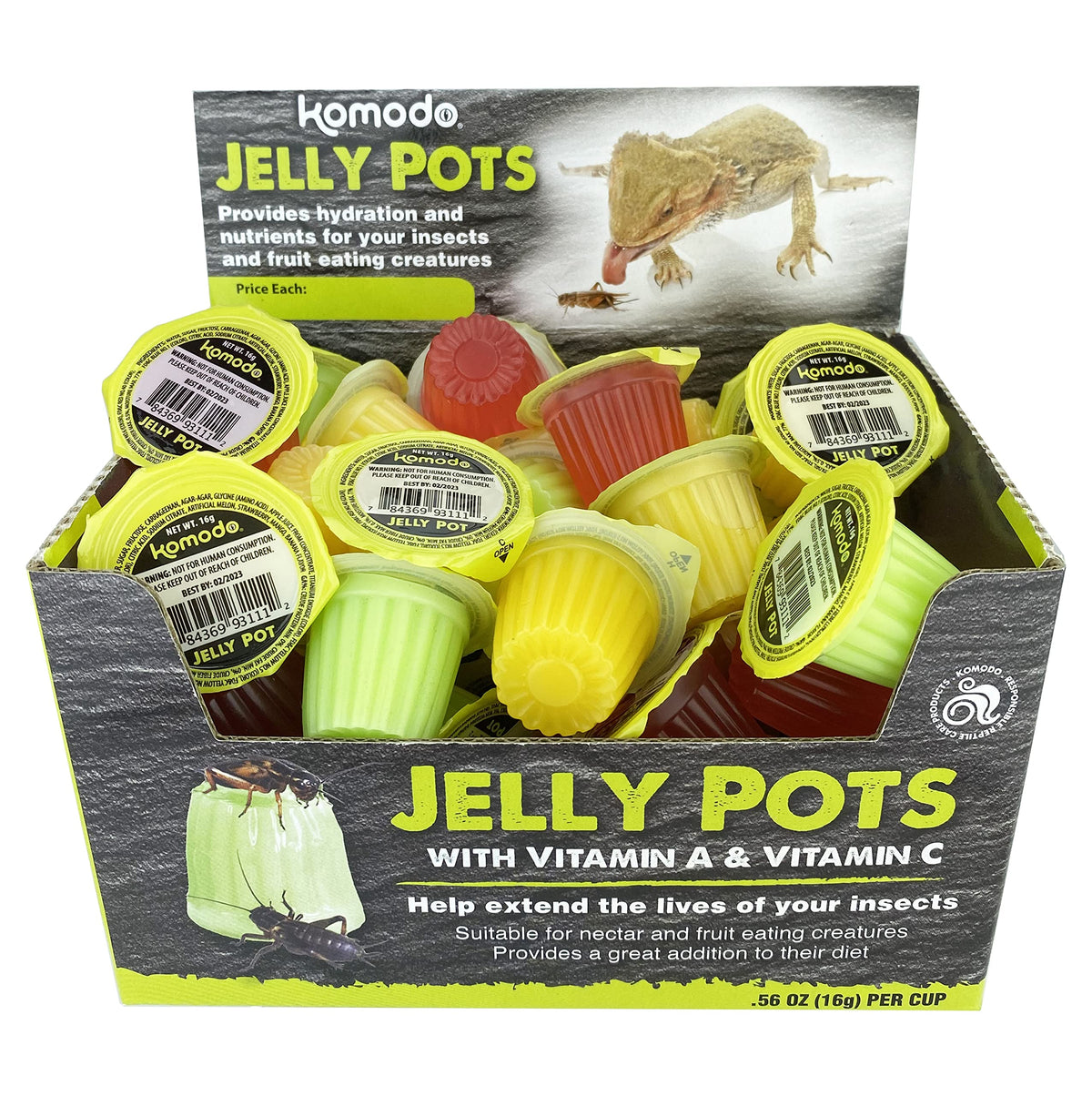 Komodo Jelly Pots Mixed Fruit Flavor Insect Food | Individually Portioned | Provides Nutrition & Hydration For Fruit-Eating Reptiles 40 Count Display (16G Per Cup)