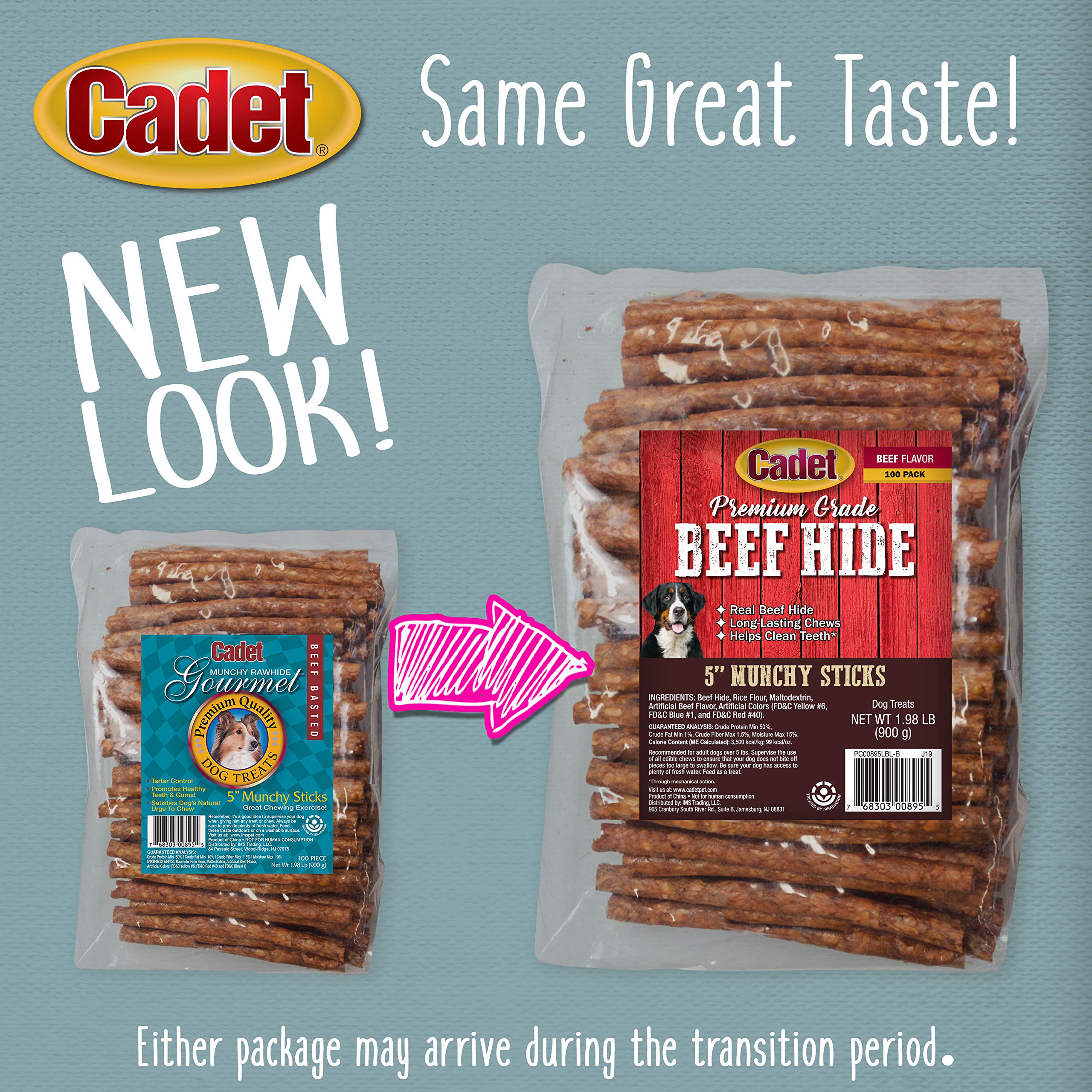 Cadet Premium Grade Munchy Beef Hide Sticks Beef Flavor 5 Inch, 100 Pack