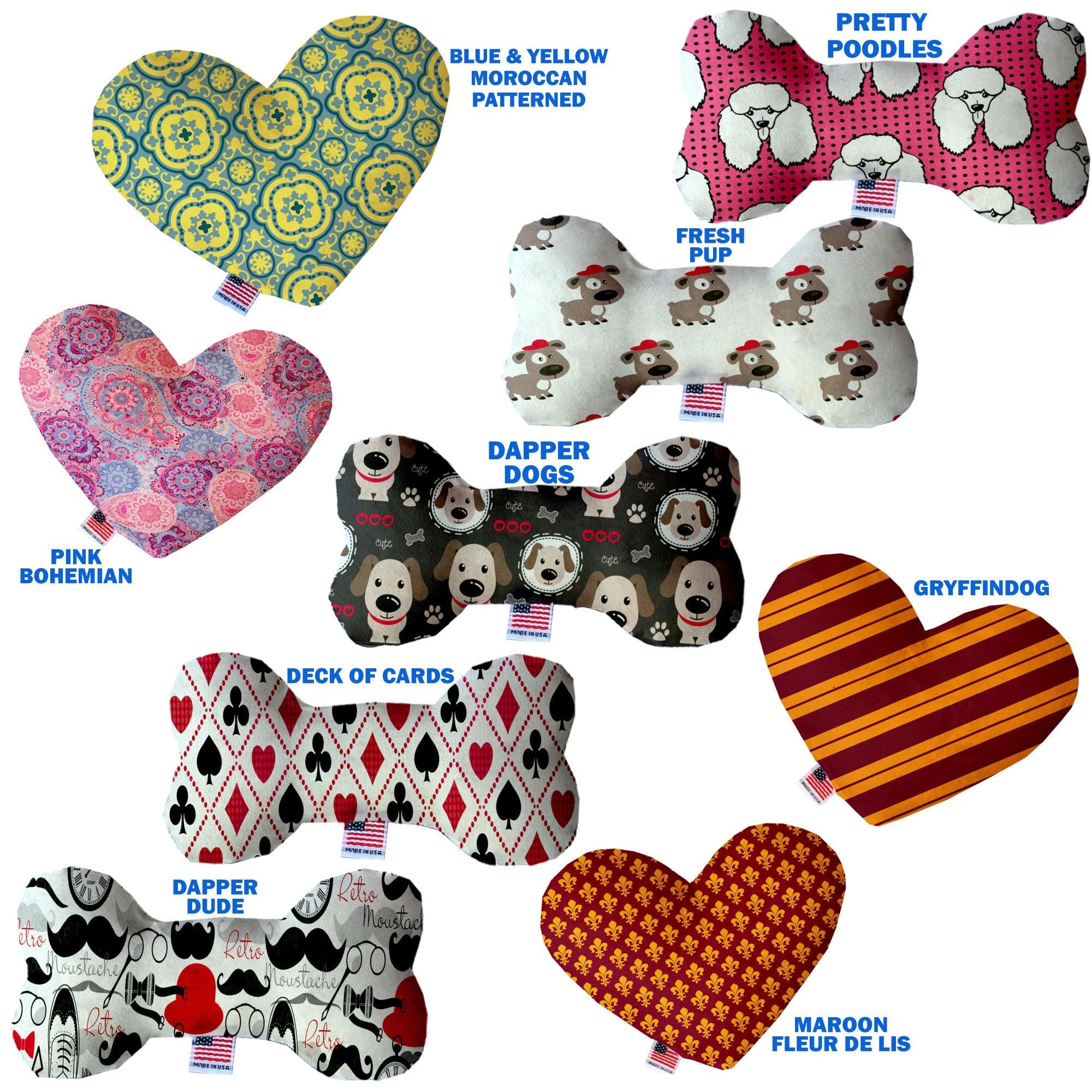 Pet and Dog Plush Heart or Bone Toy, &quot;Dapper Dogs Group&quot; (Available in different sizes, and 9 different pattern options!) Pink Bohemian 8&quot; Plush Heart