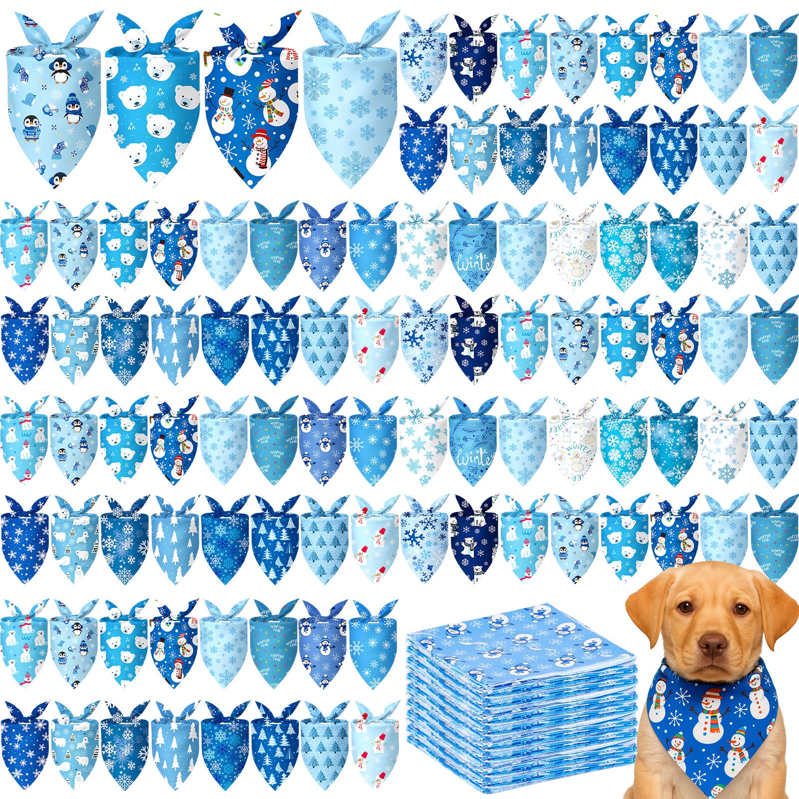 Preboun 100 Pcs Winter Dog Bandanas Bulk Blue Snowflakes Snowmen Bandanas for Dogs Triangle Kerchief Bibs Scarf for Pet Costume 