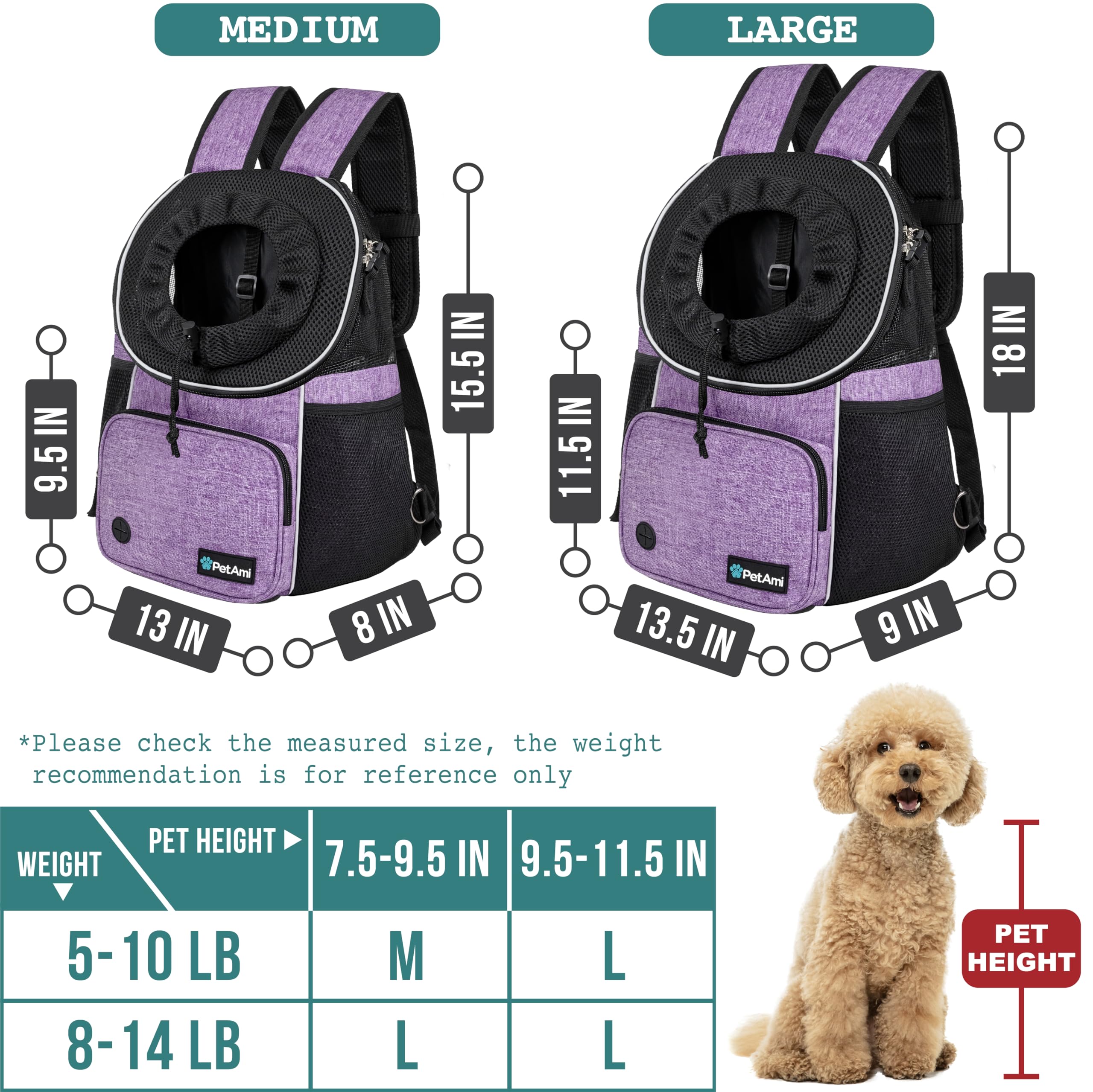 Petami Adjustable Cat & Dog Chest Carrier Backpack, Ventilated For Hiking & Camping, Max 15 Lbs, Purple