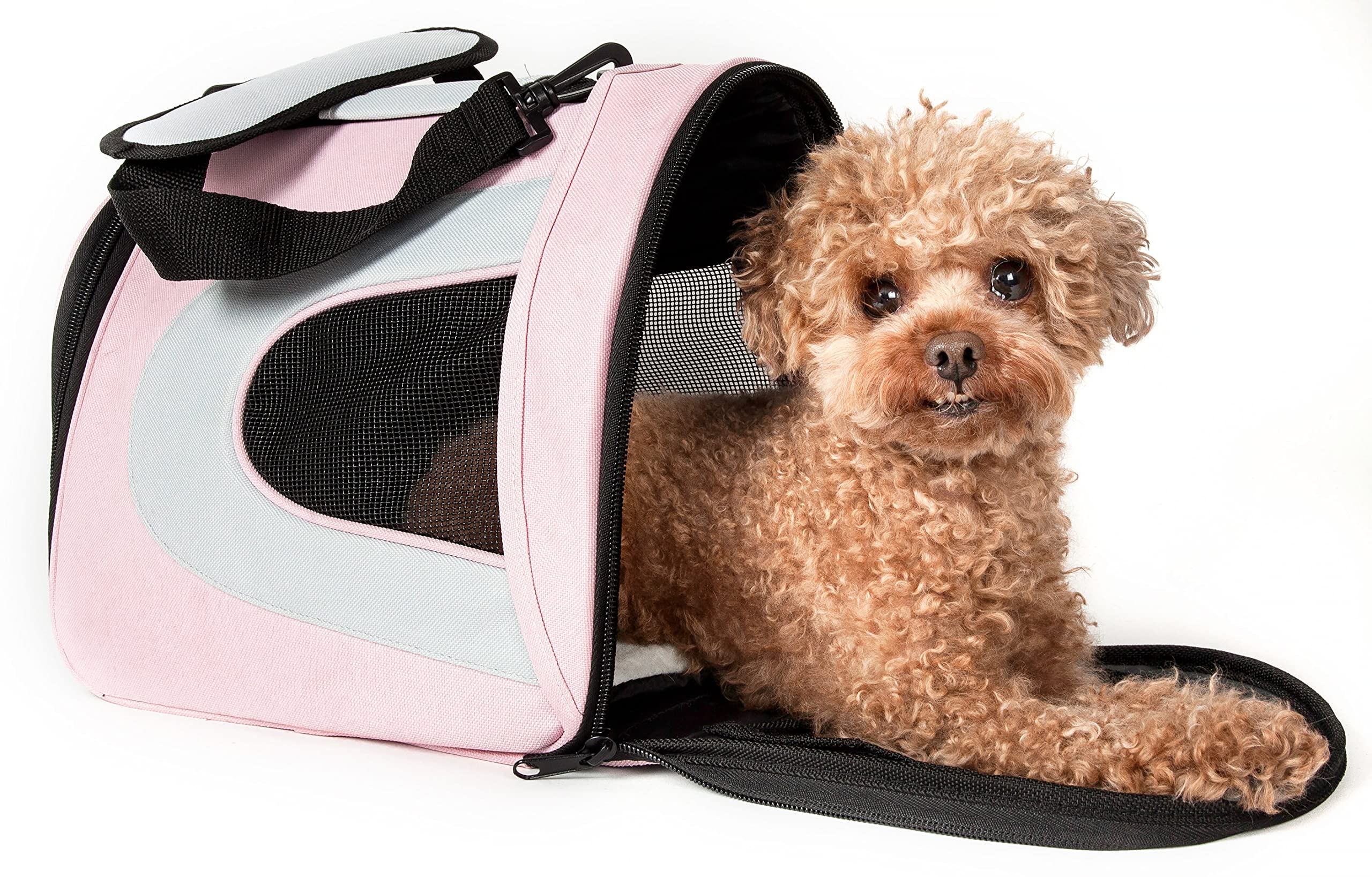 Pet Life Airline Approved Collapsible Zippered Folding Sporty Mesh Travel Fashion Pet Dog Carrier Crate, Large, Pink & Cream