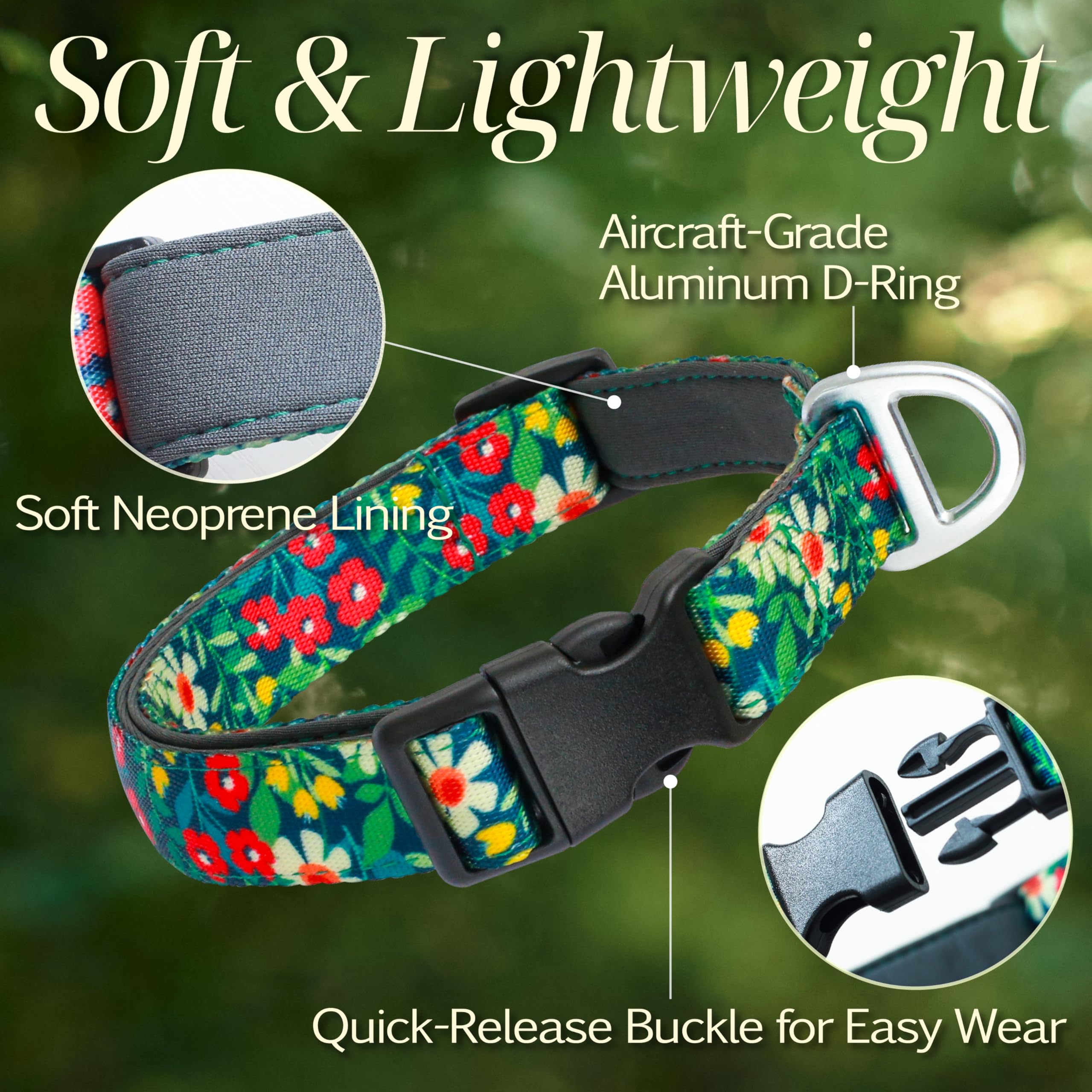 Jc House Small Dog Collar With Reflective Logo And Soft Padded Neoprene,Floral Print Design, Adjustable,Lightweight & Durable, N