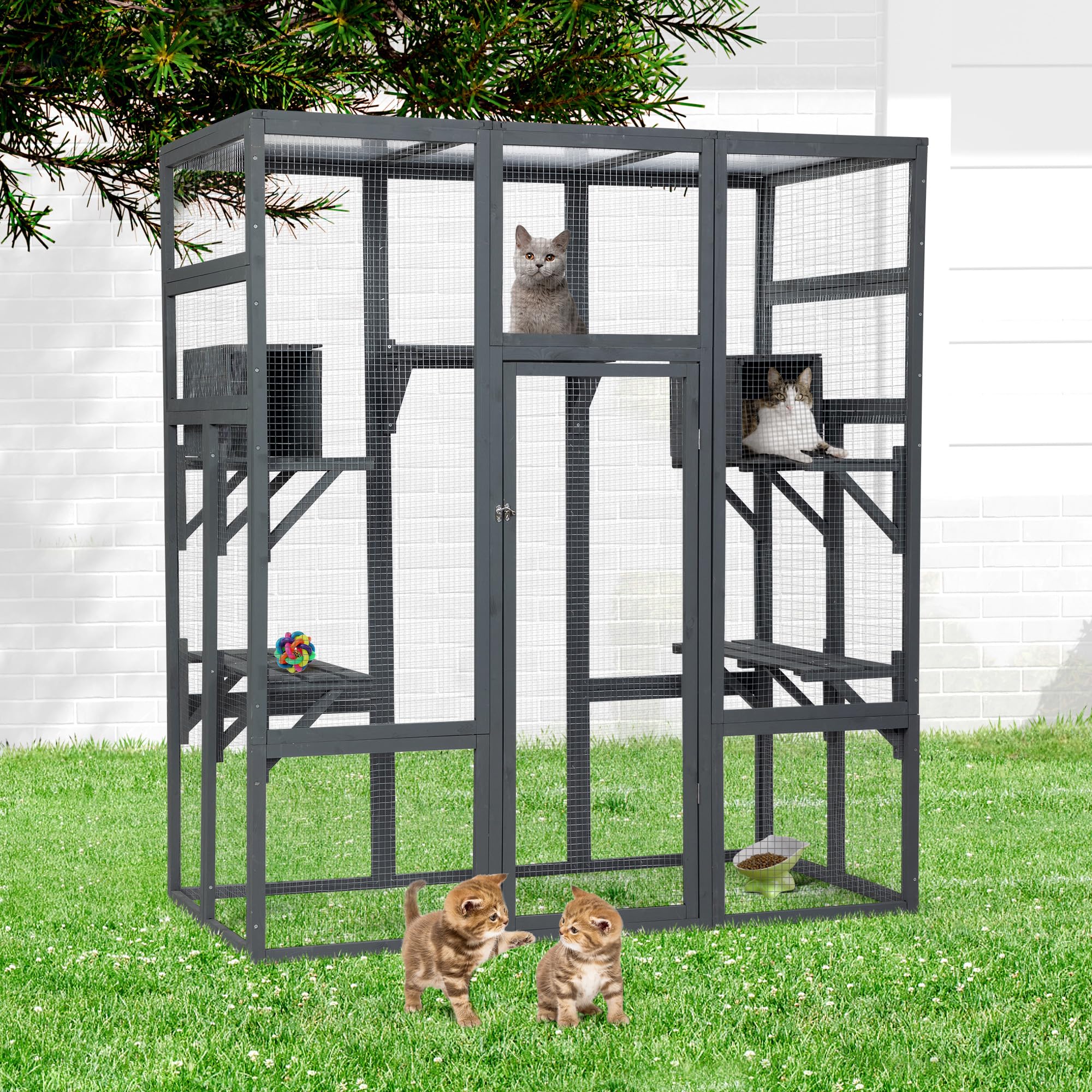 Large Stylish Wooden Catio Outdoor Cat Enclosure Cat Cage & Run Enclosures Indoor Kitty Window Catio With Waterproof Roof, 7 Pla